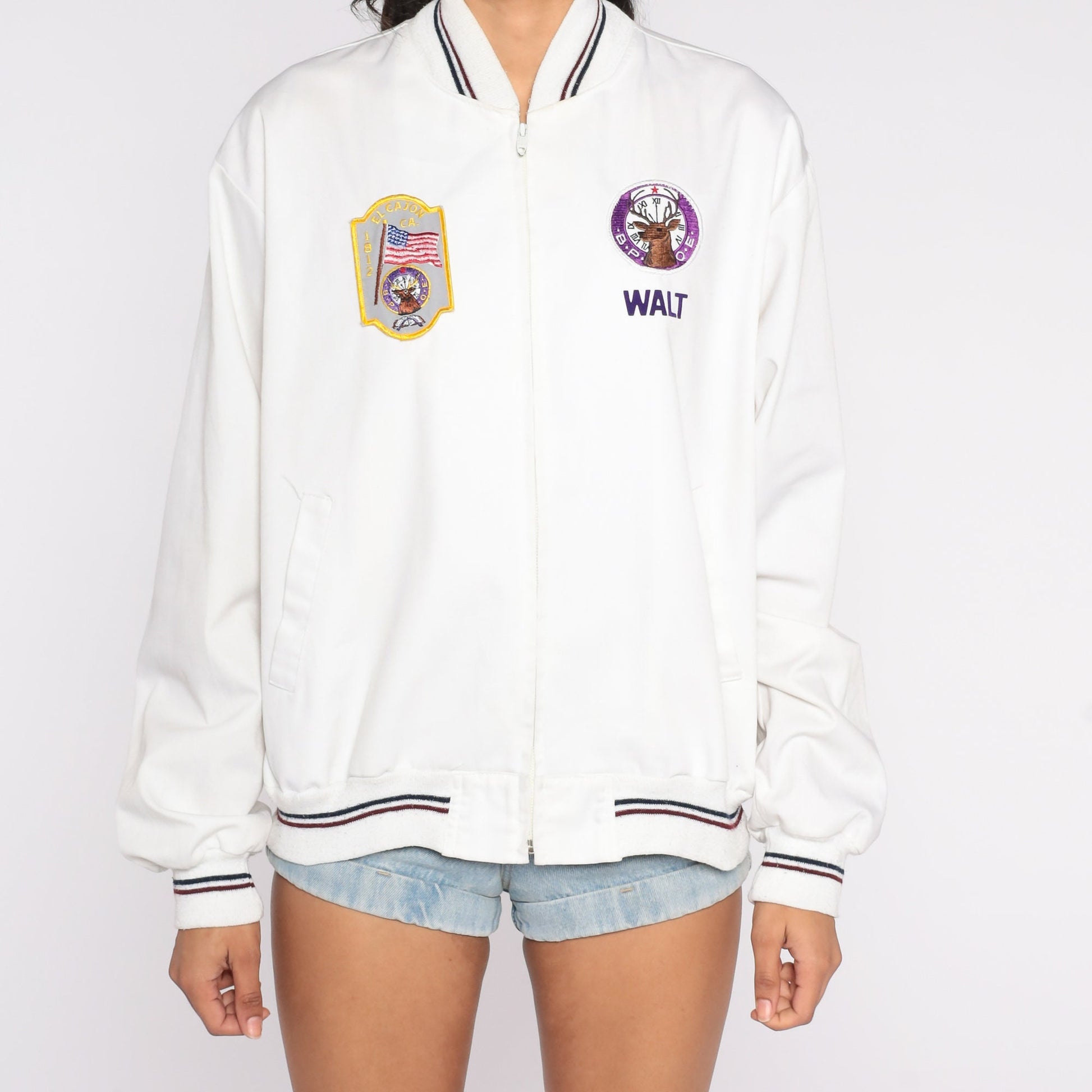 80s San Diego Elks Club El Cajon Bomber Jacket Embroidered Windbreaker White Mens Large L