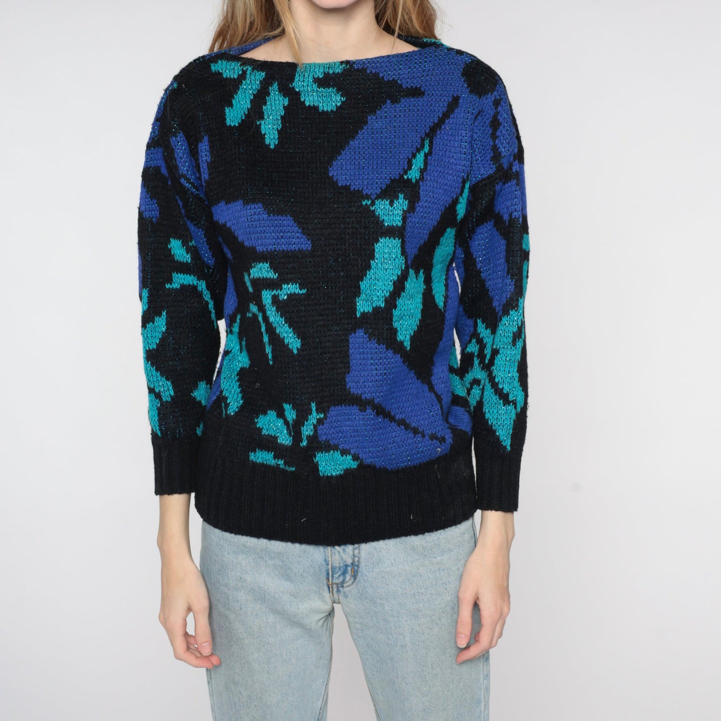 80s St. Michael Metallic Floral Knit Sweater Black Boat Neck Medium