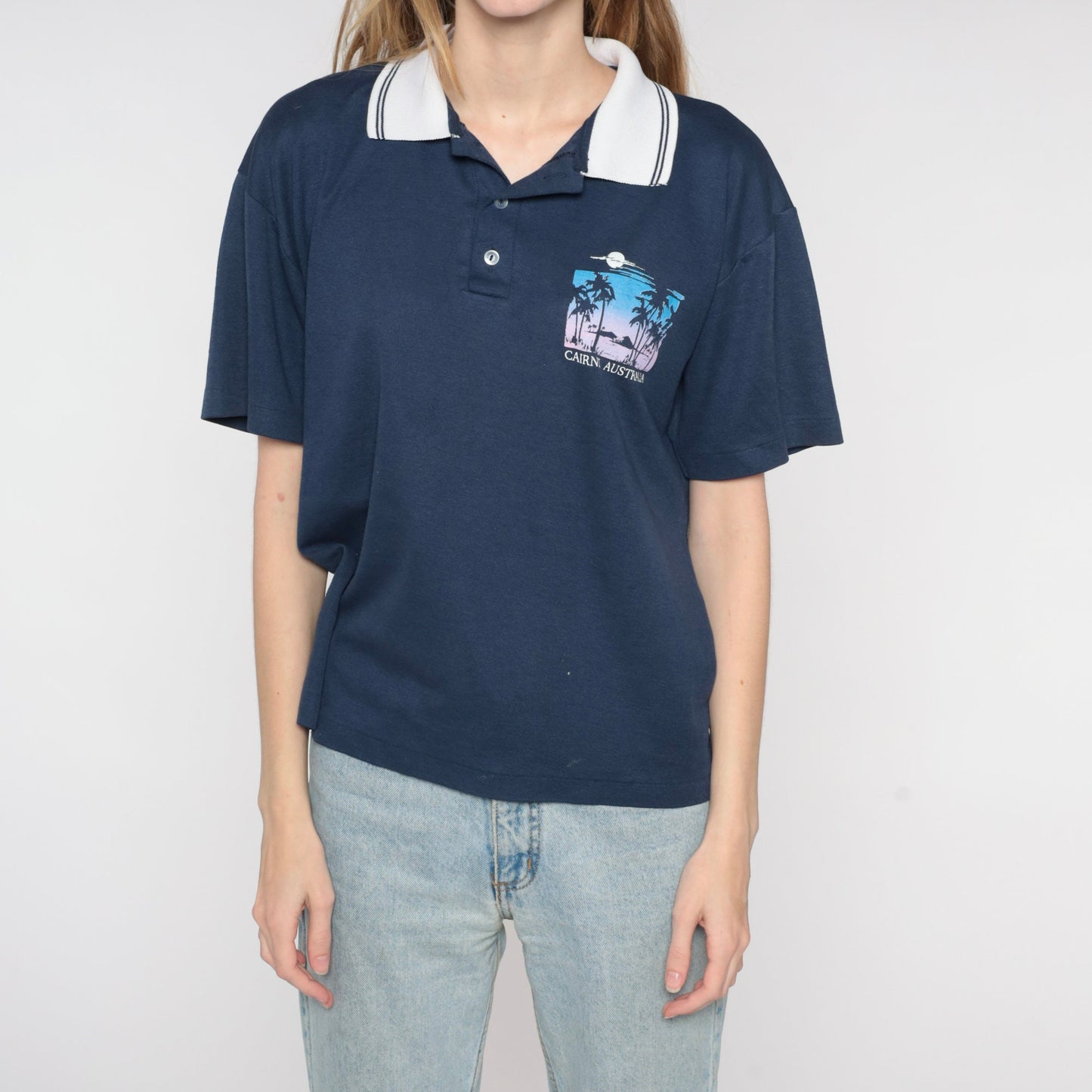 80s Cairns Australia Polo Shirt Navy Blue Graphic Mens Small
