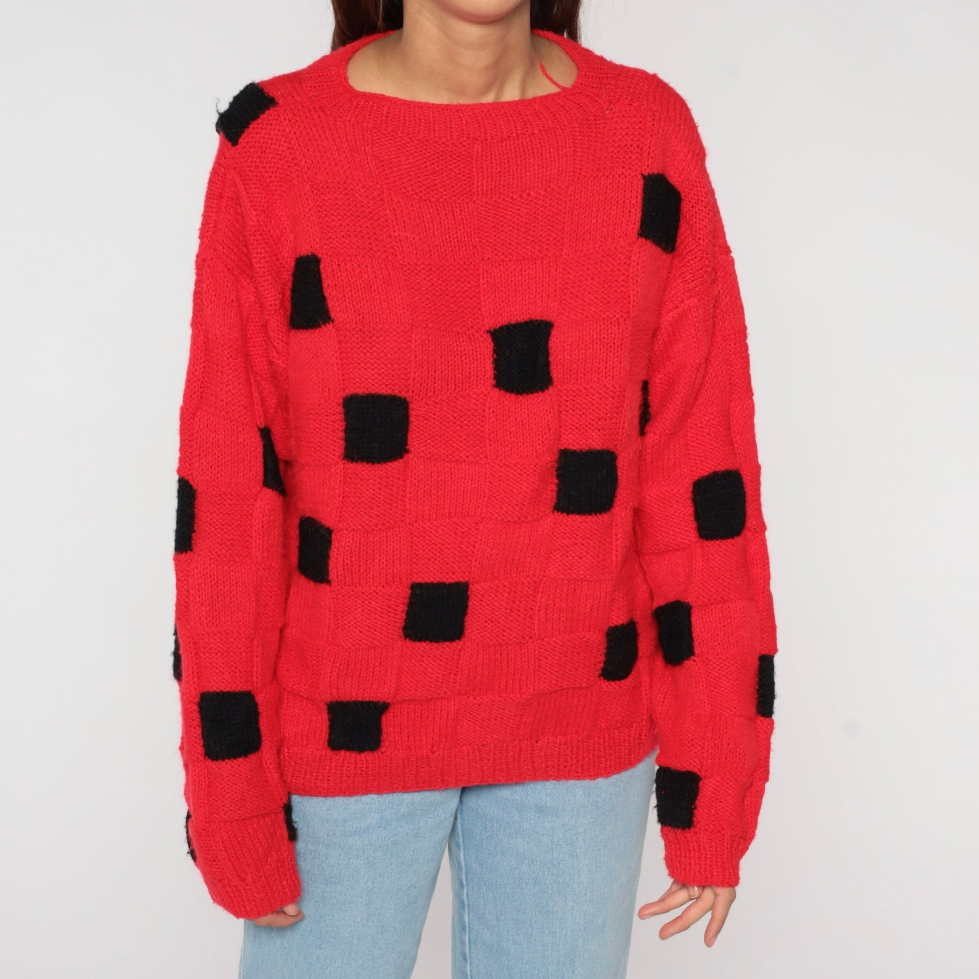 80s Red Black Checkered Knit Sweater Crewneck Pullover Medium Large
