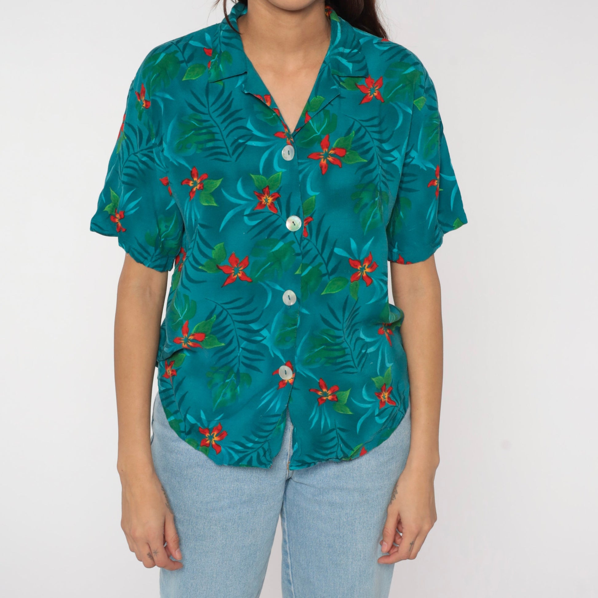 90s Tropical Floral Button-Up Blouse Teal Leaf Print Short Sleeve Small