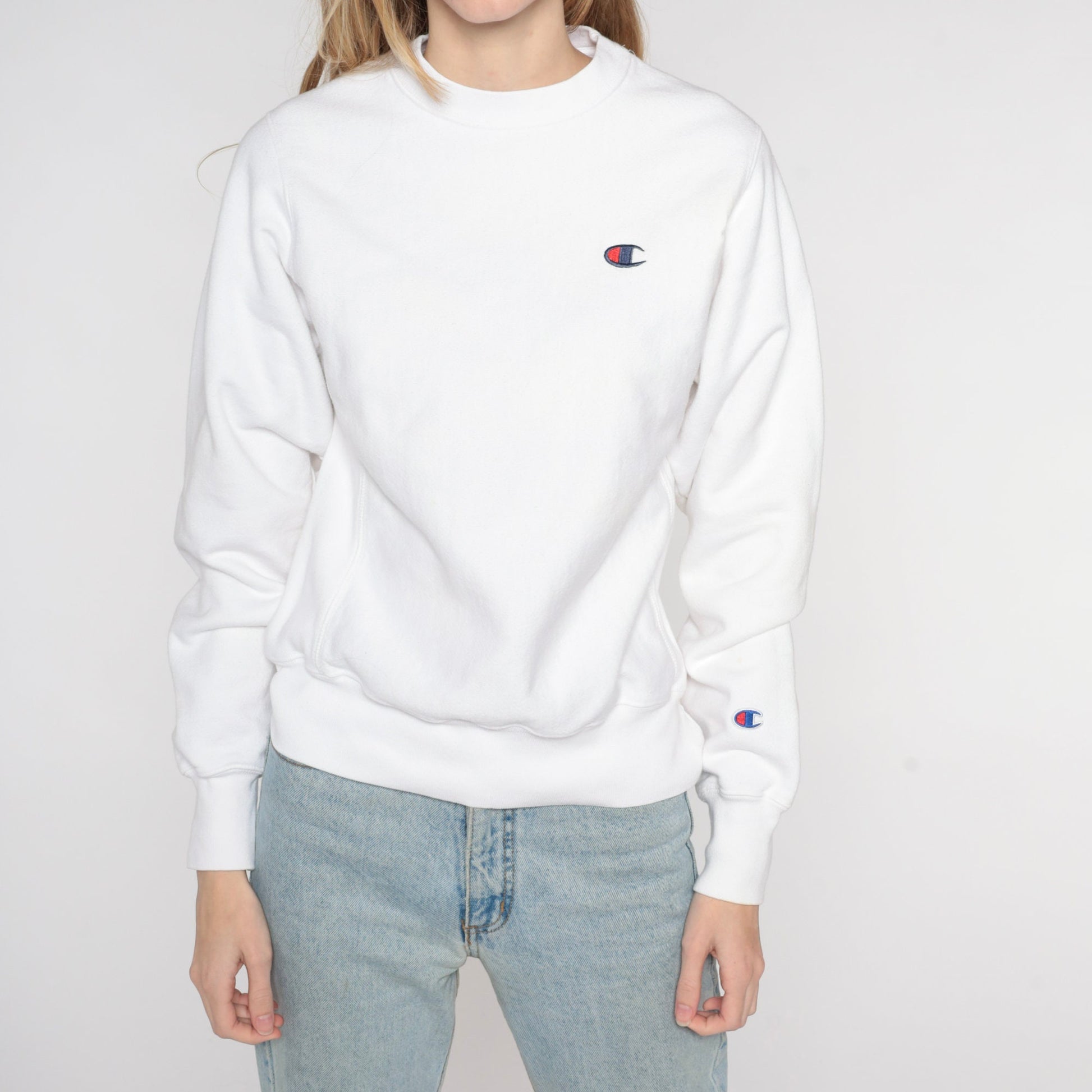 Y2K Champion White Crewneck Sweatshirt Plain Pullover Extra Small XS