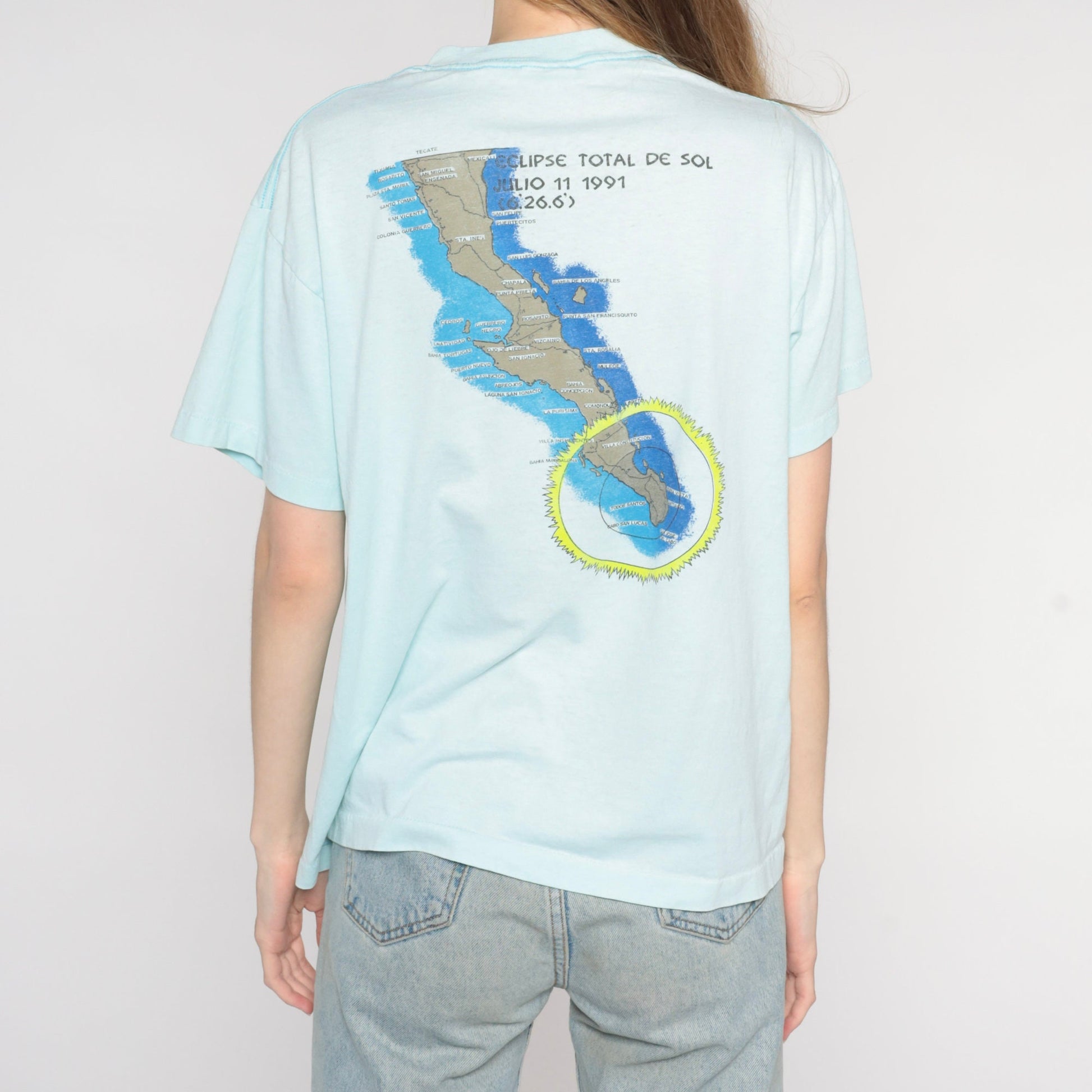 1991 Solar Eclipse Mulege Mexico T-Shirt Light Blue Graphic Tee Large L