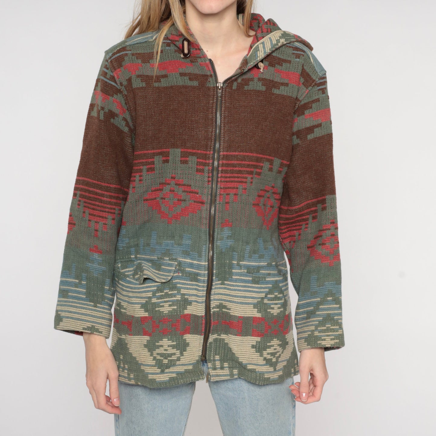 90s Woolrich Southwestern Wool Blend Hooded Jacket Brown Blue Medium