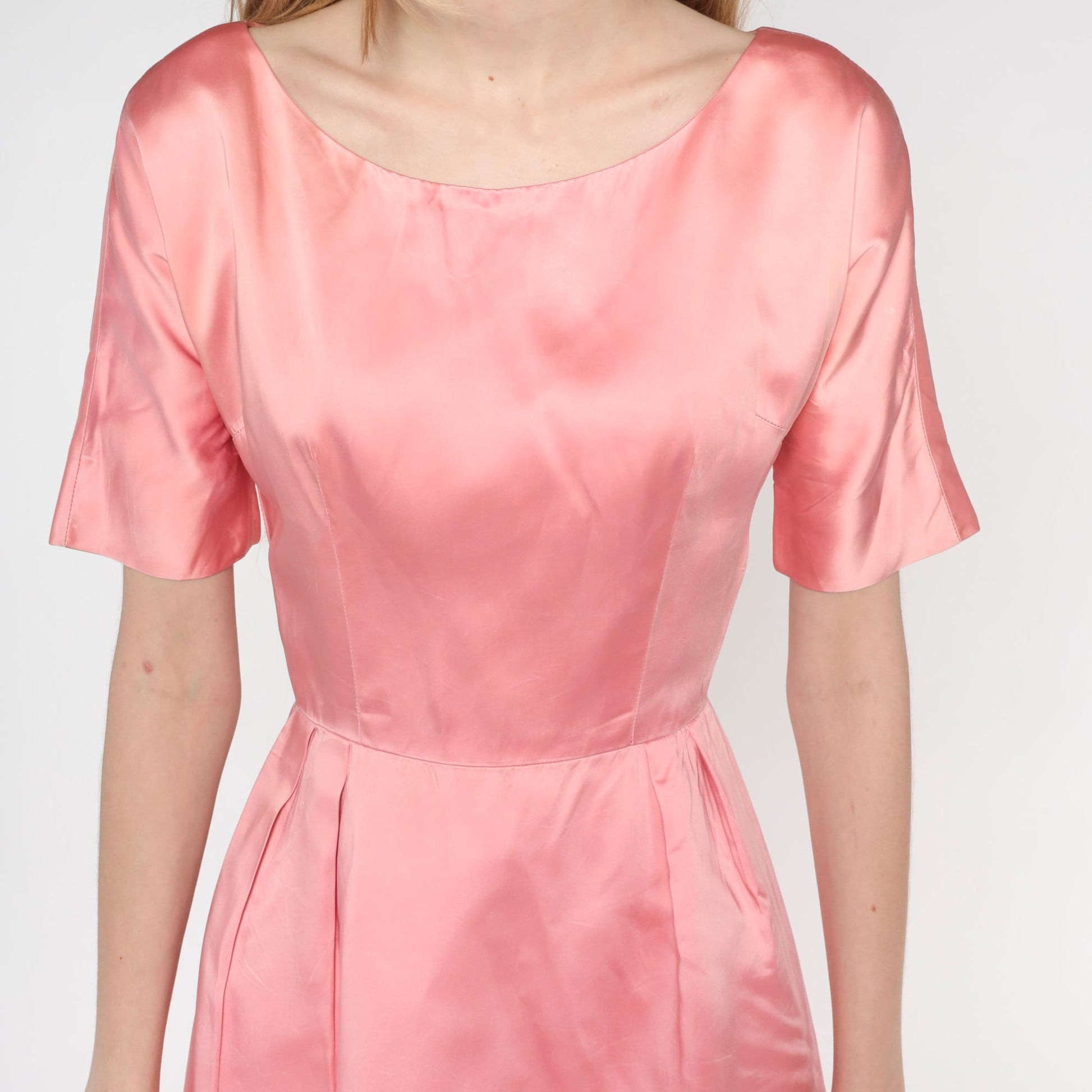 1960s Pink Satin Mini Shift Dress Short Sleeve High Waist Extra Small XS