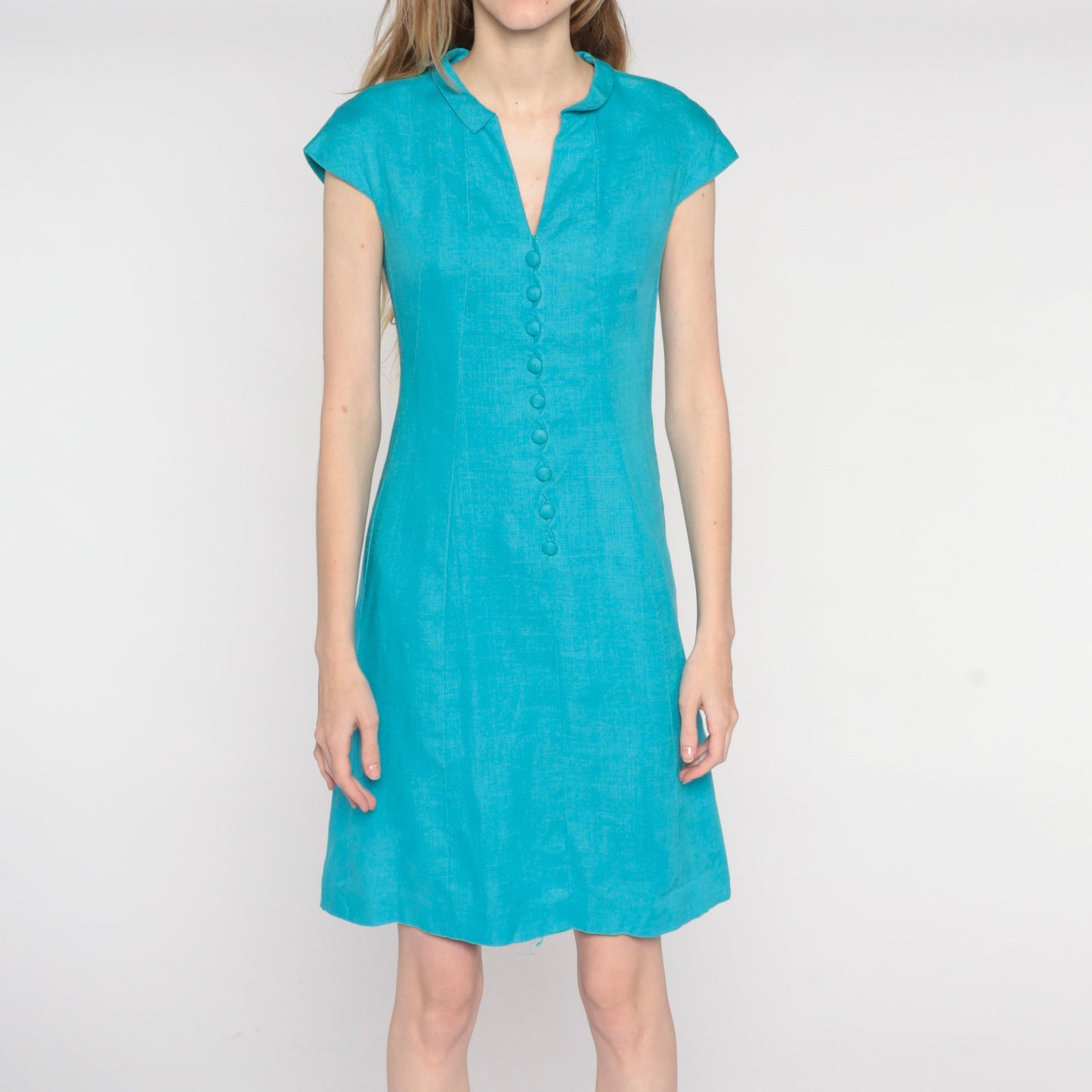 60s Blue Shift Dress Cap Sleeve Button Front Mini Small