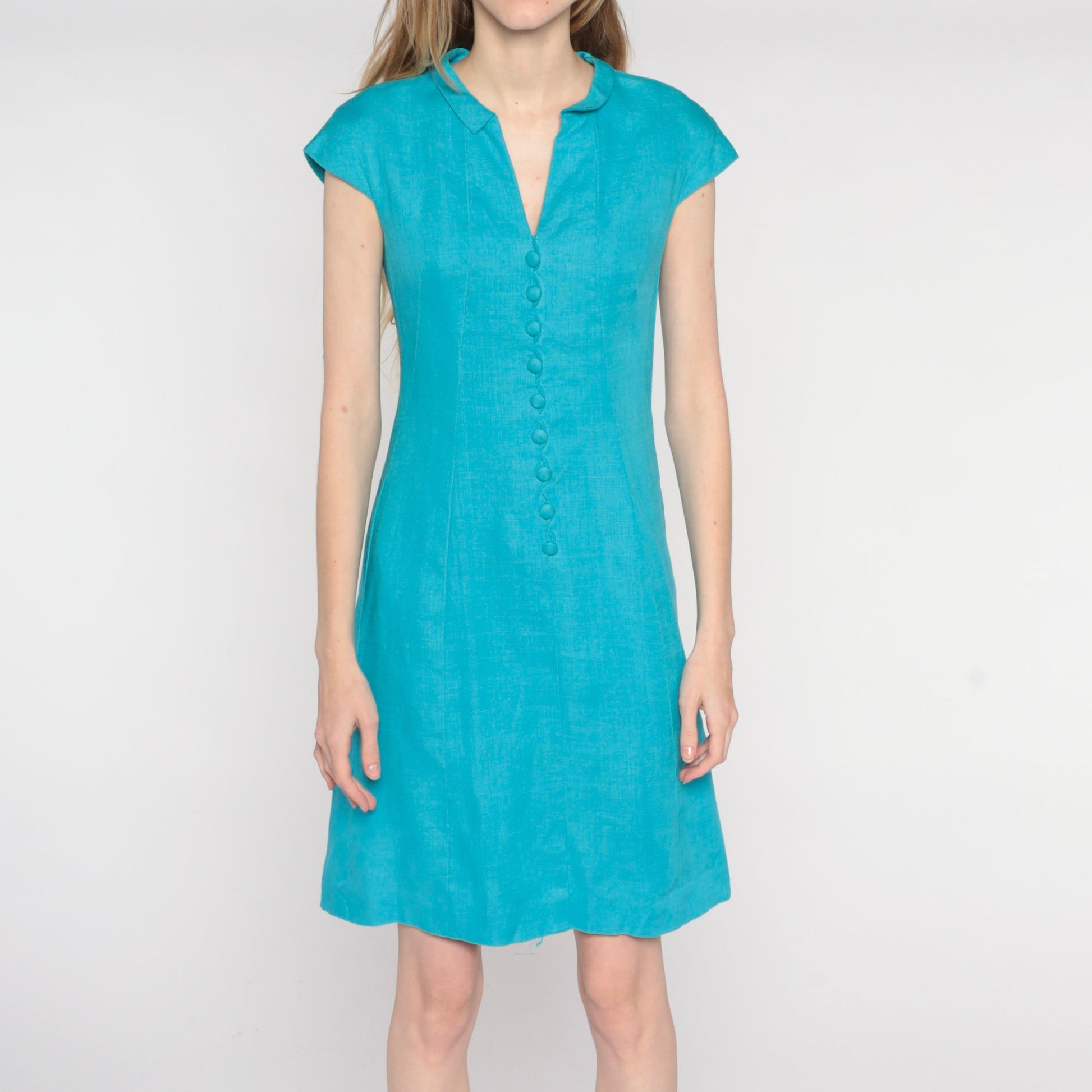 60s Blue Shift Dress Cap Sleeve Button Front Mini Small