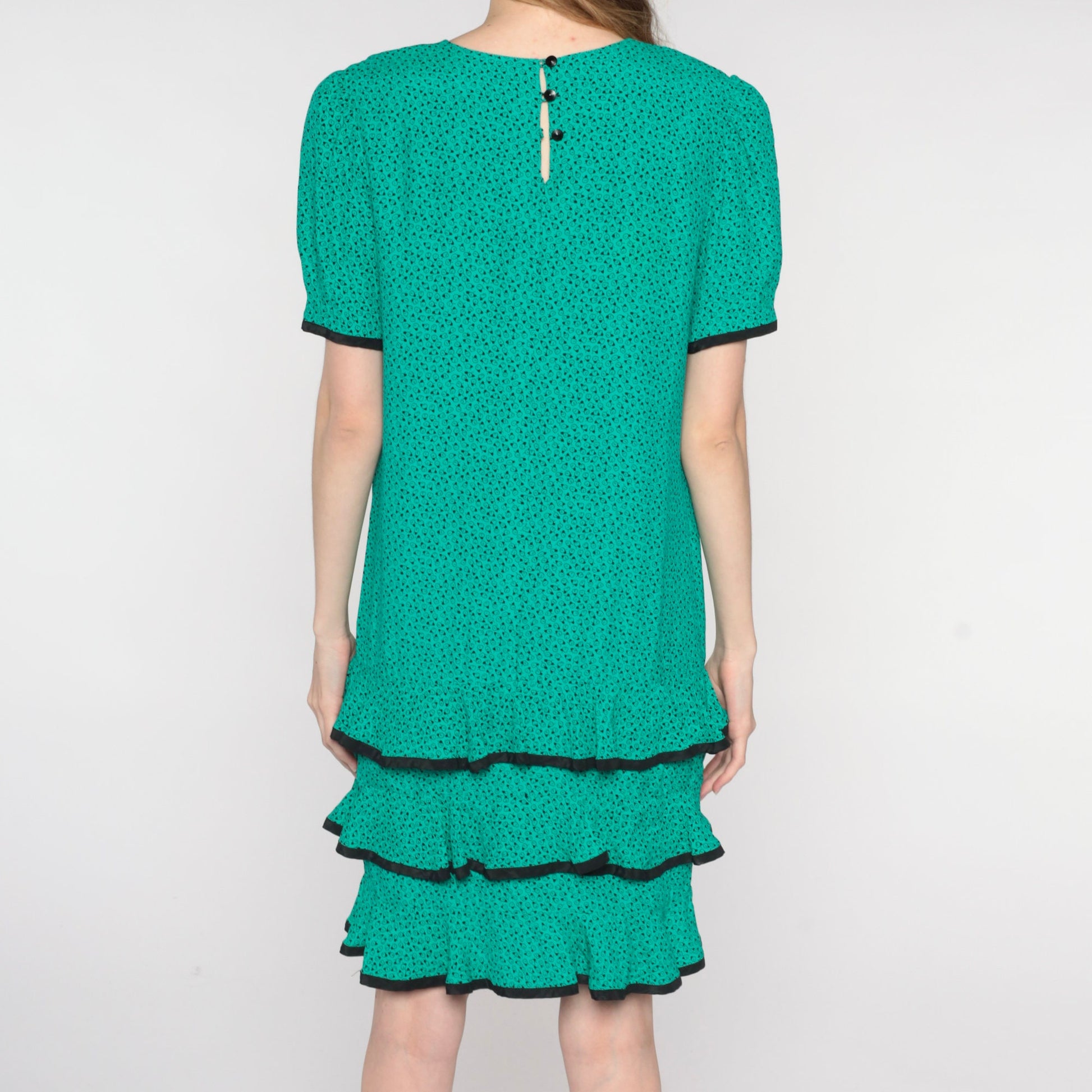 80s Green Floral Mini Shift Dress Ruffled Skirt Short Sleeve Medium 8