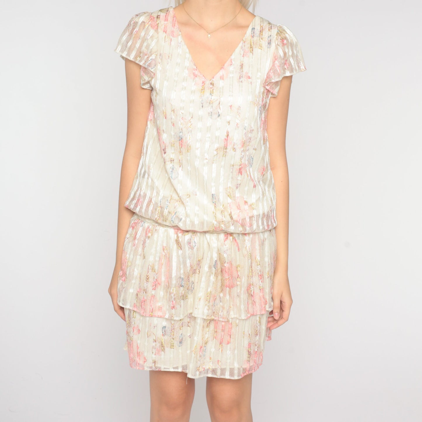 70s Floral Mini Dress Flutter Sleeve Off-White Striped Tiered Small