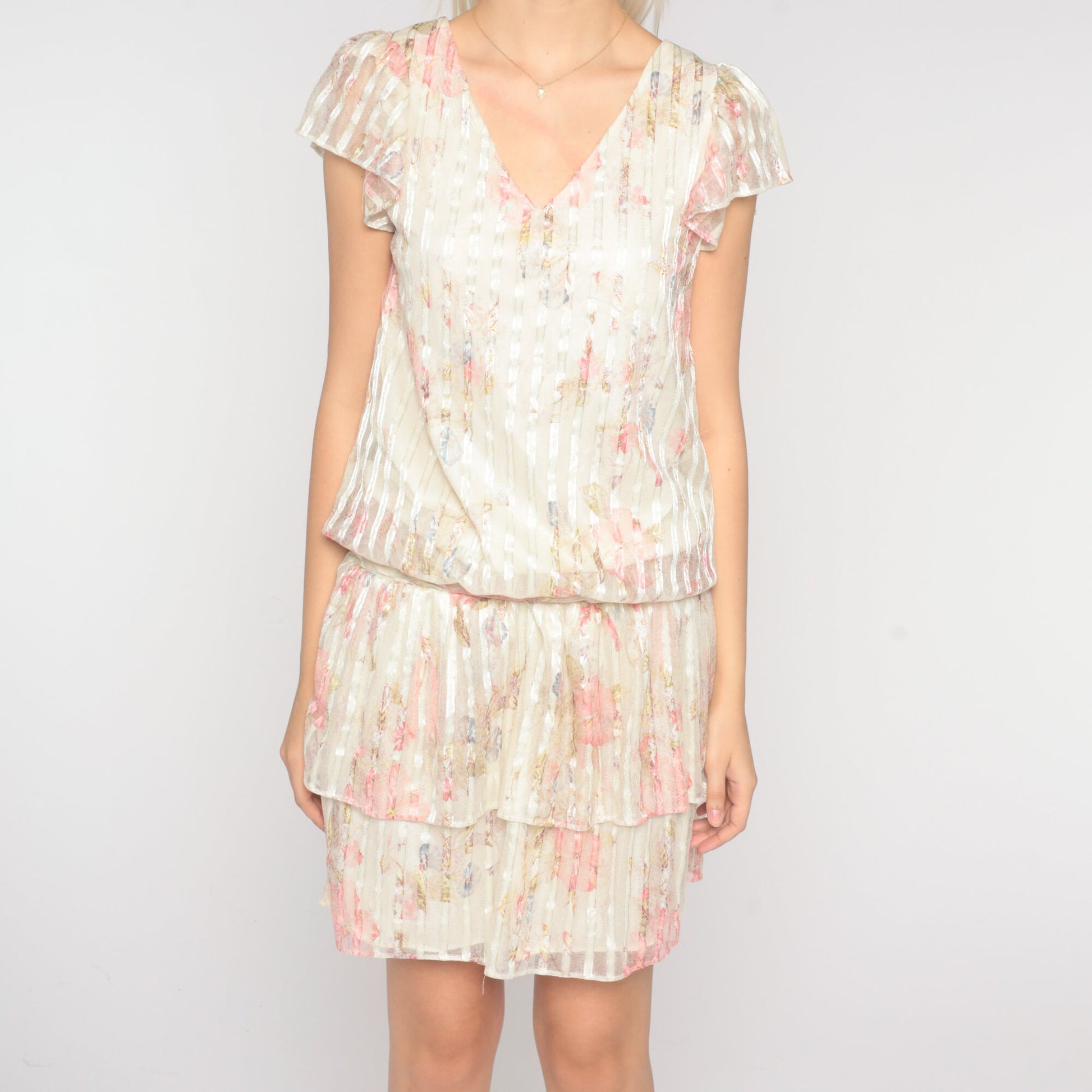 70s Floral Mini Dress Flutter Sleeve Off-White Striped Tiered Small
