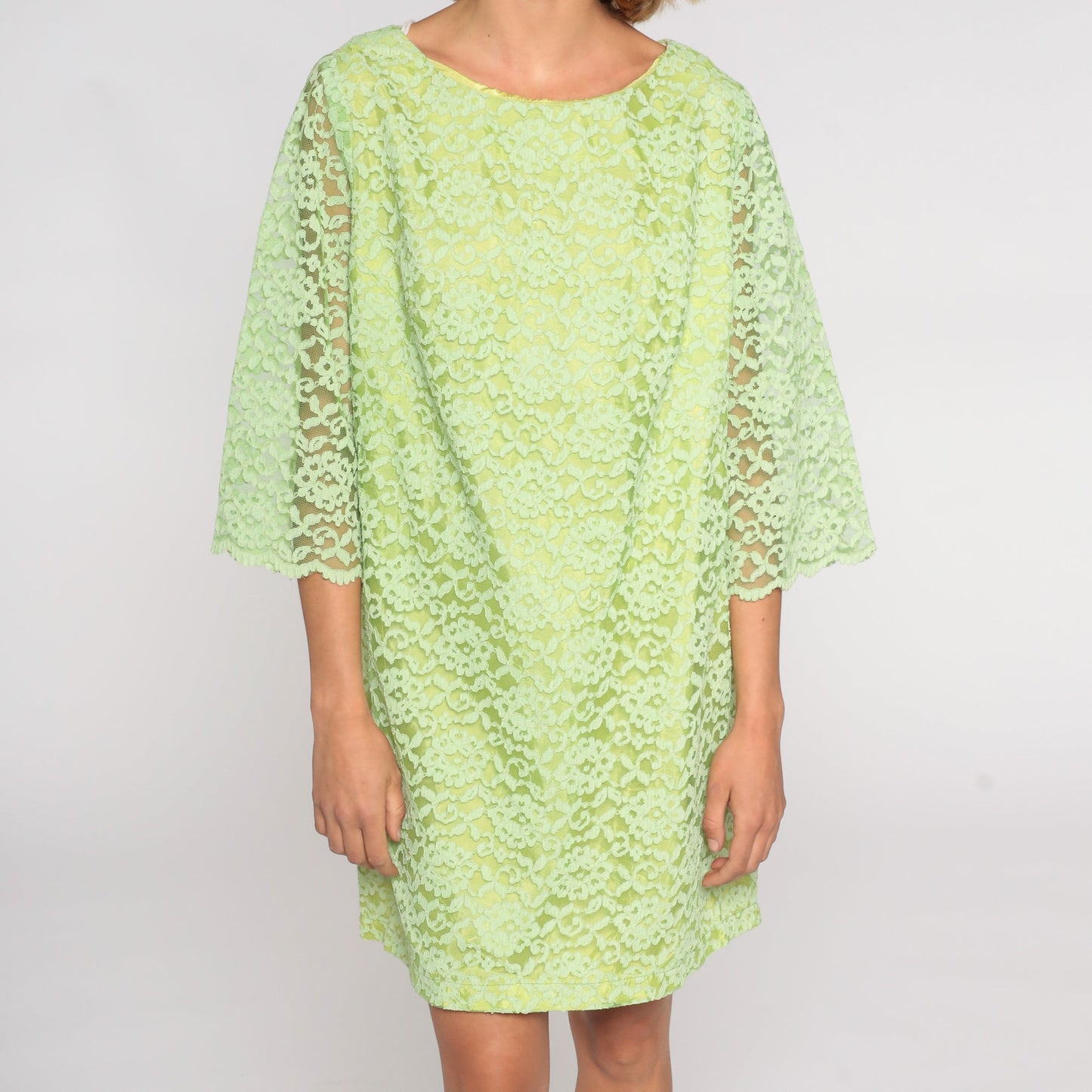 60s M'Lady Couture Lime Green Lace Mini Dress Shift Sheer Sleeve Large