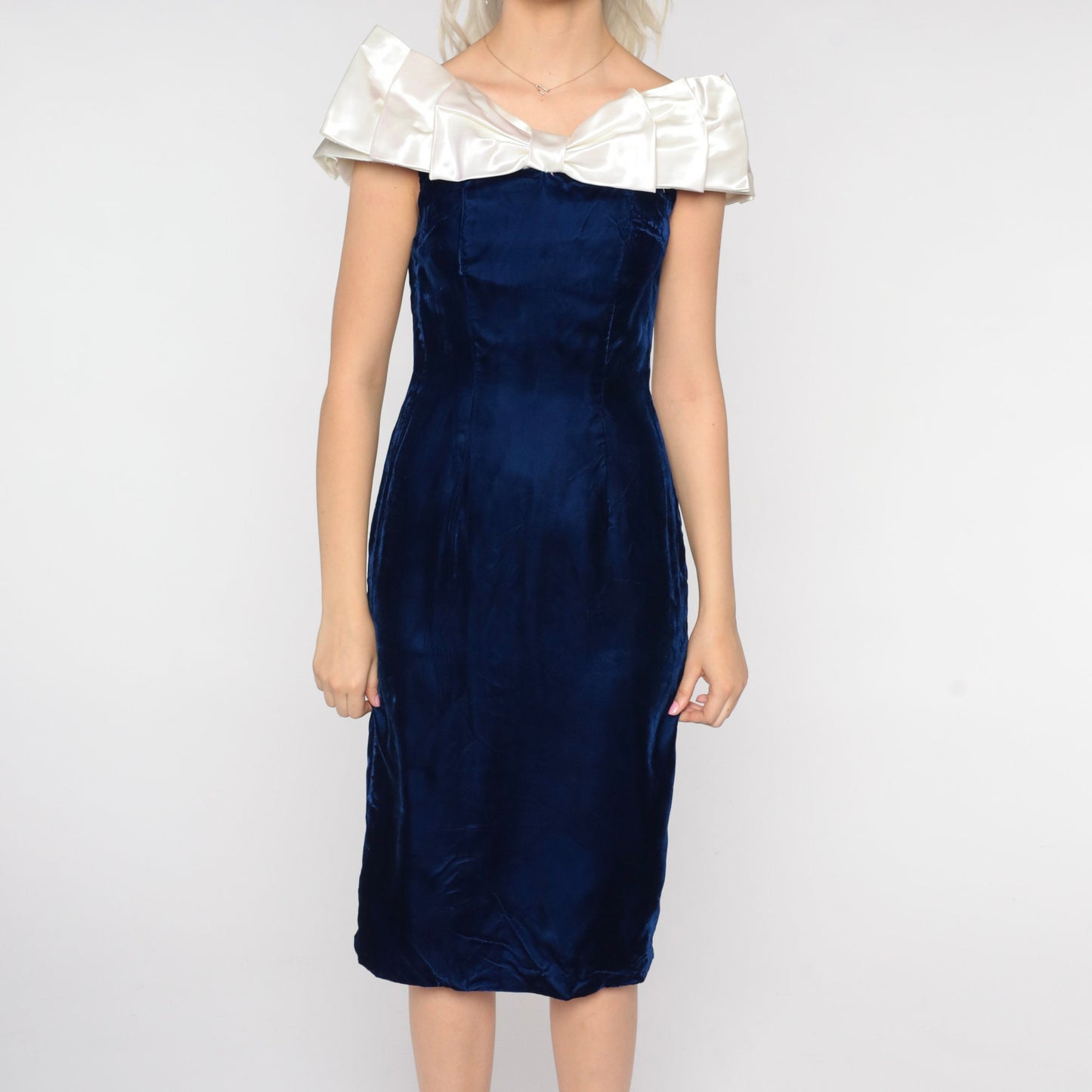 80s Blue Velvet Midi Dress Off-Shoulder Bow Pencil Small S