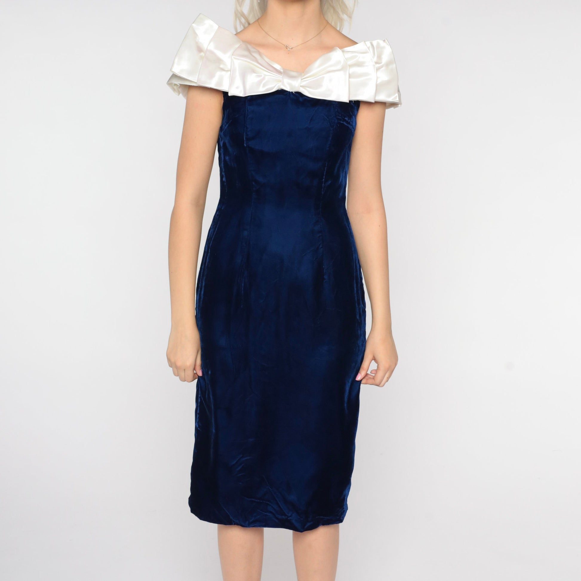 80s Blue Velvet Midi Dress Off-Shoulder Bow Pencil Small S
