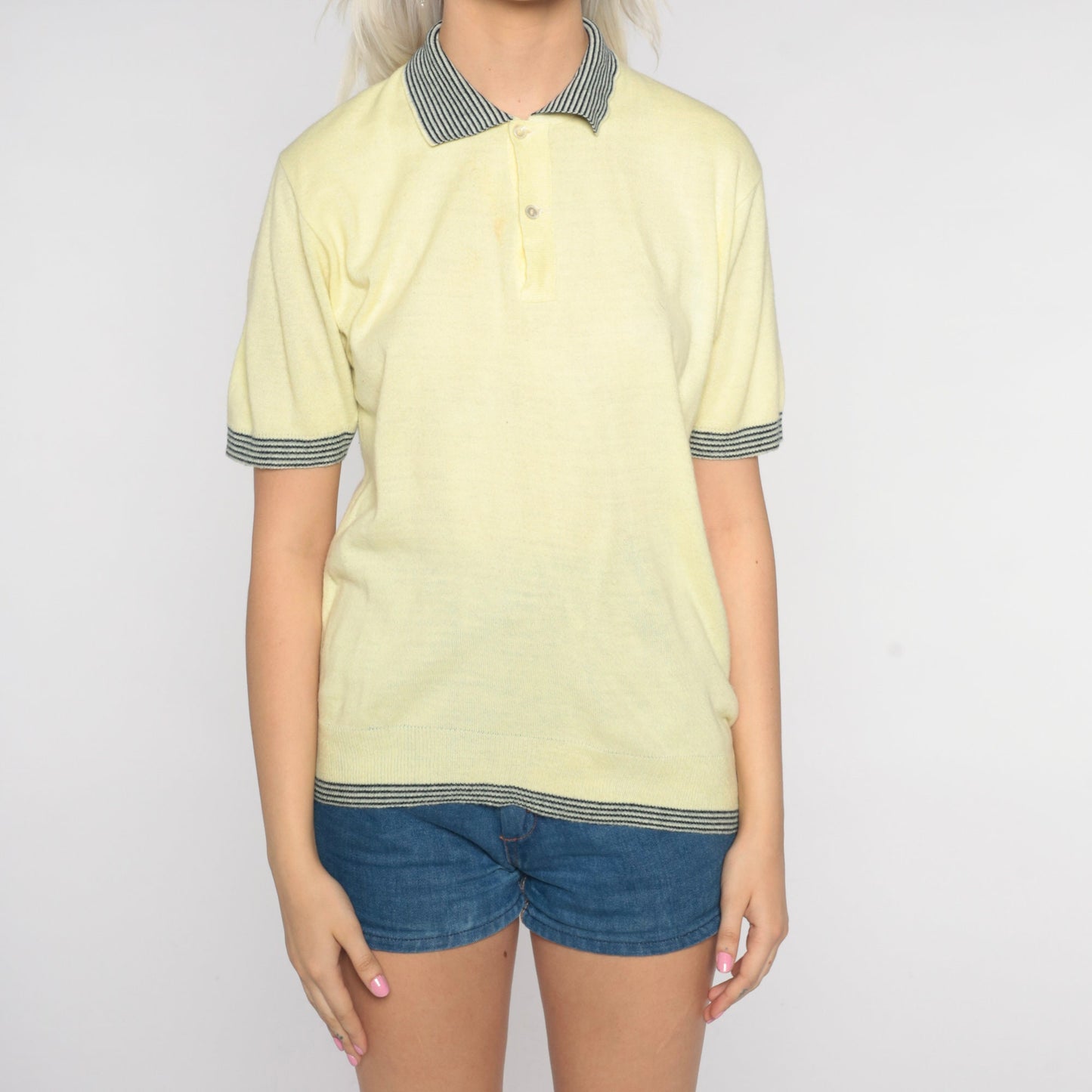80s Yellow Knit Polo Shirt Striped Collar Ringer Trim Medium