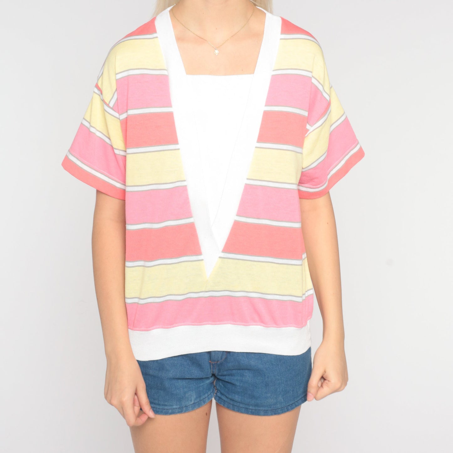 80s Striped Short Sleeve Shirt White Pink Yellow Panel Medium