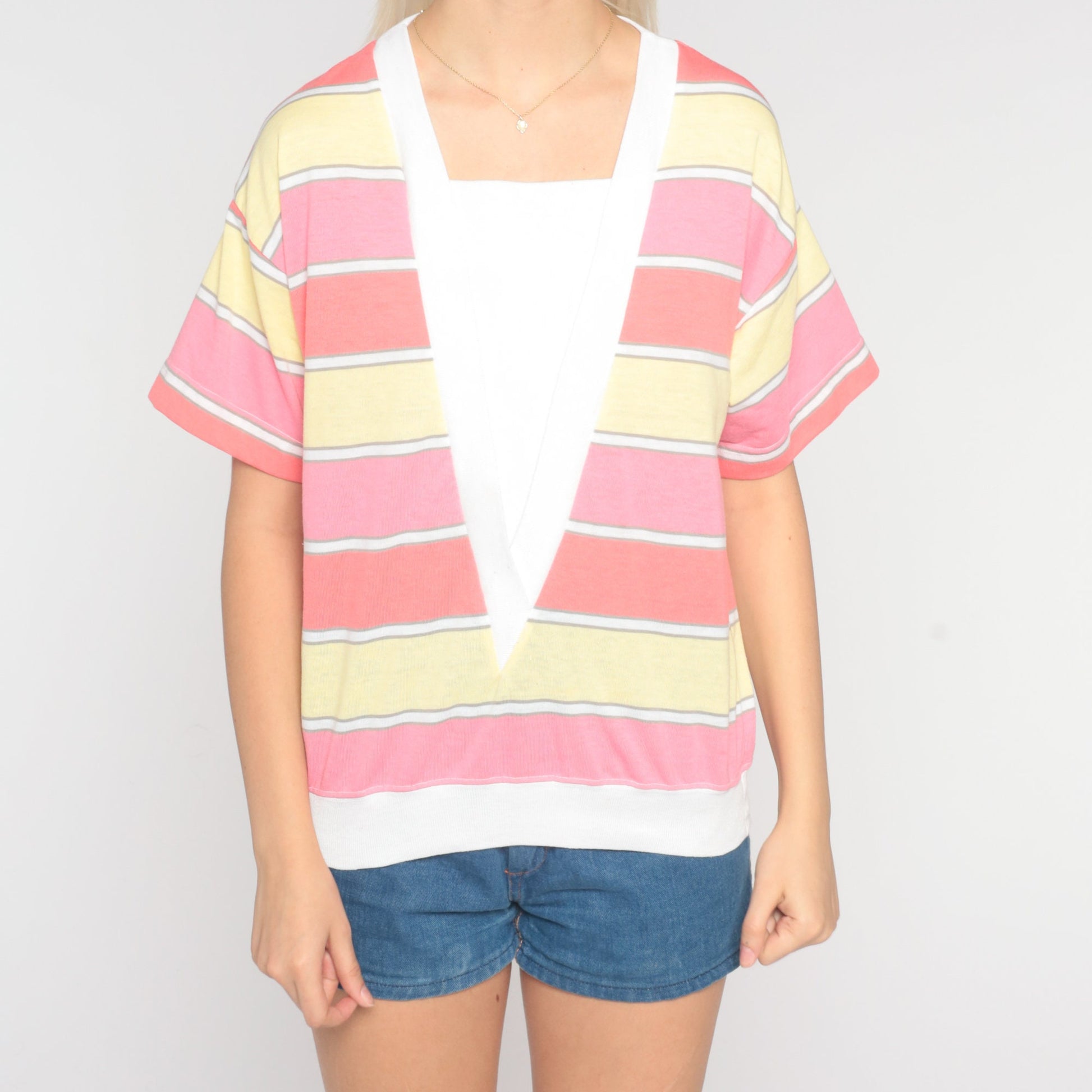 80s Striped Short Sleeve Shirt White Pink Yellow Panel Medium