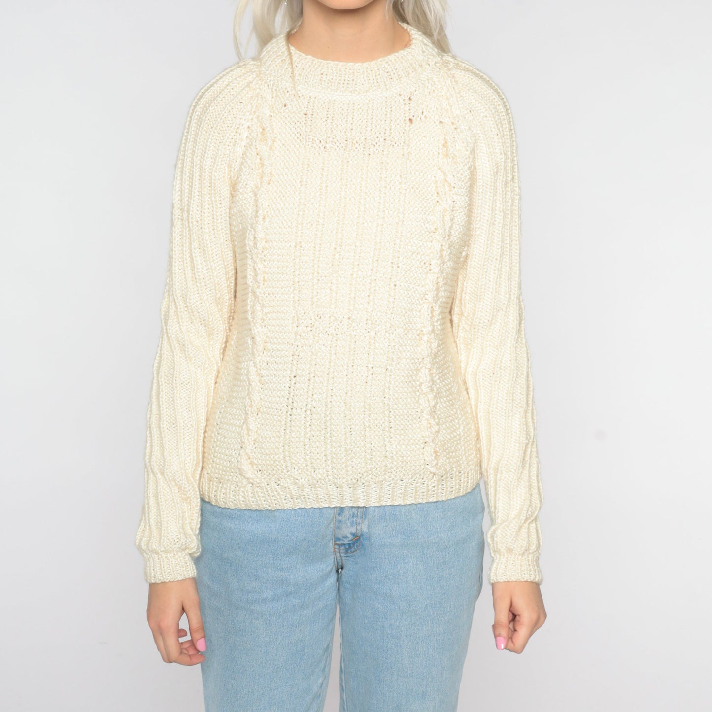 90s Cream Cable Knit Crewneck Pullover Sweater Small S