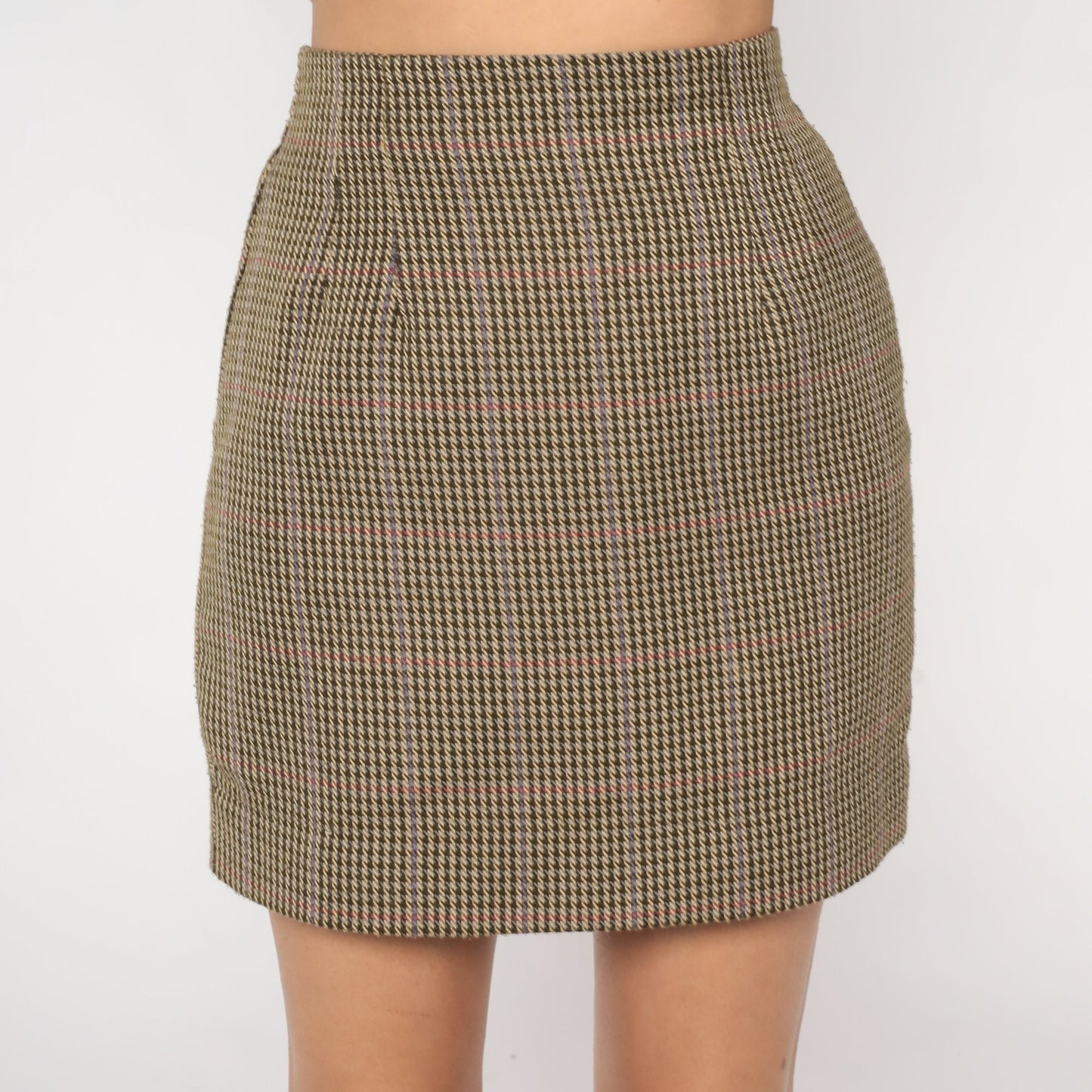 90s Houndstooth Mini Pencil Skirt Brown High Waist Small S