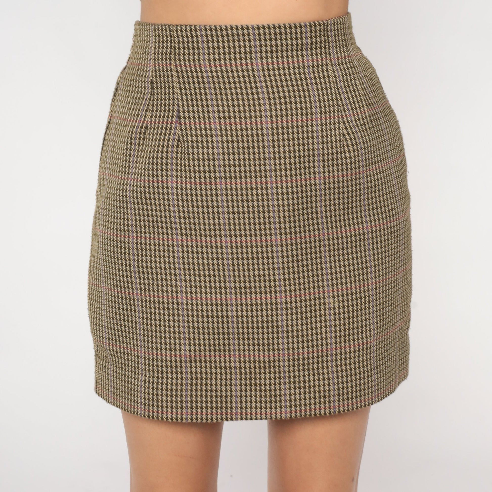 90s Houndstooth Mini Pencil Skirt Brown High Waist Small S
