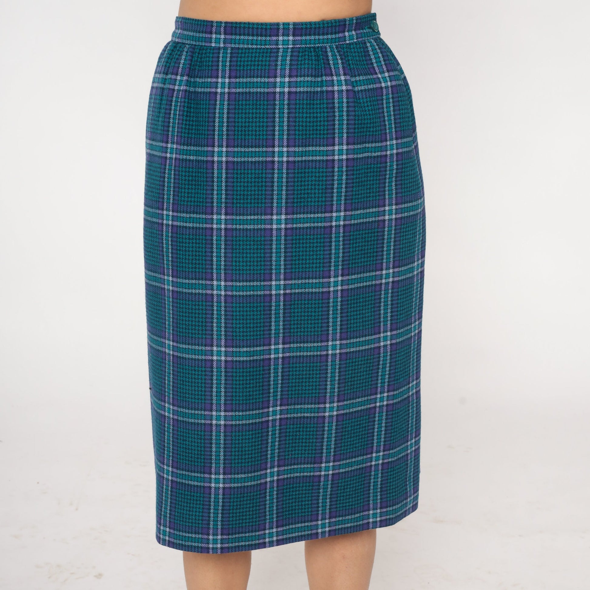 Pendleton Wool Plaid Midi Skirt 80s Blue High Waist Pencil Medium
