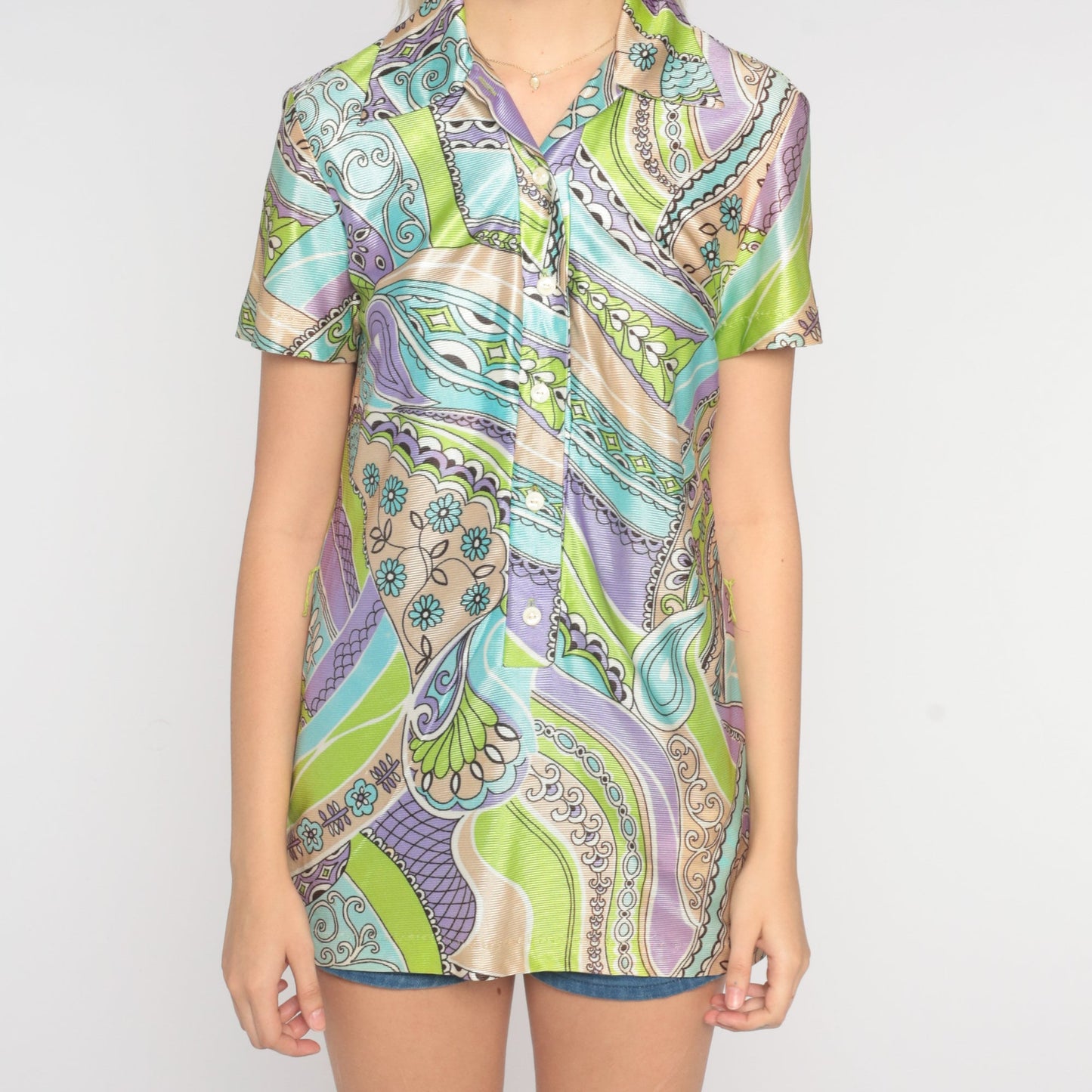70s Psychedelic Paisley Floral Button-Up Blouse Short Sleeve Green Purple Small