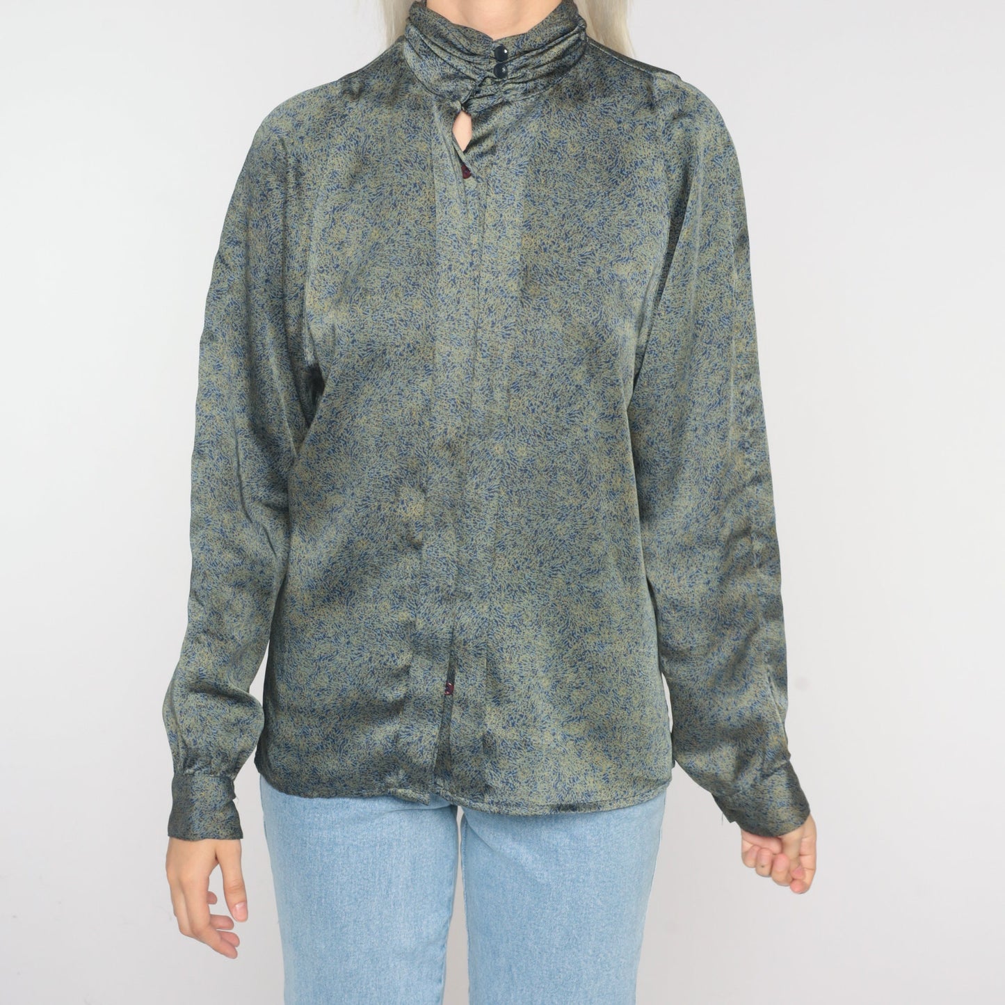 80s Abstract Print Mock Neck Blouse Long Sleeve Secretary Shirt Medium