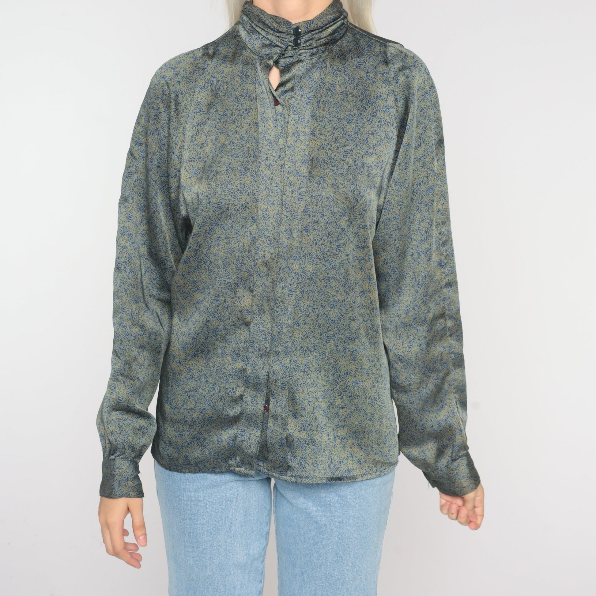 80s Abstract Print Mock Neck Blouse Long Sleeve Secretary Shirt Medium