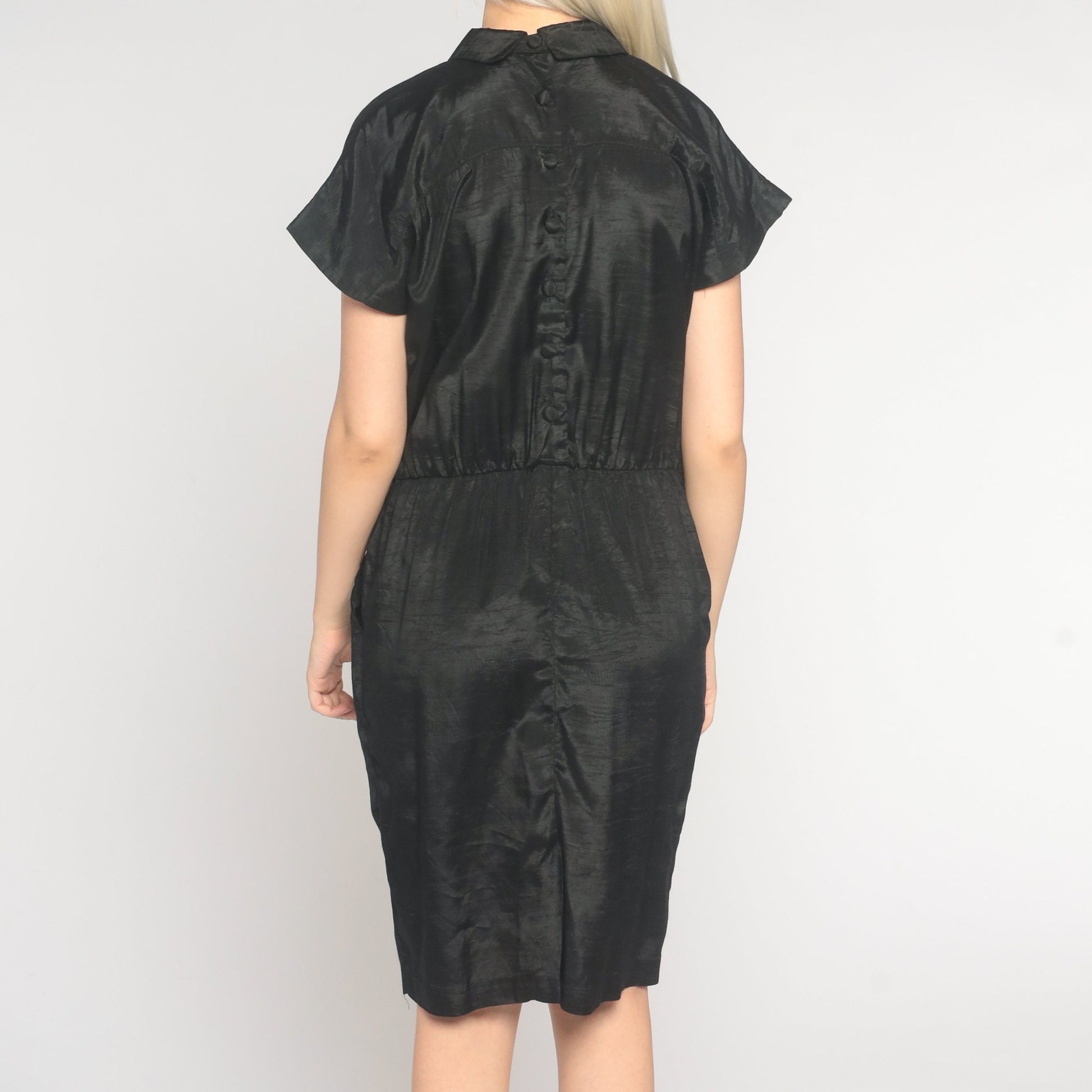 90s Black Shiny Shift Dress Collared Mini Pockets Short Sleeve Medium 8