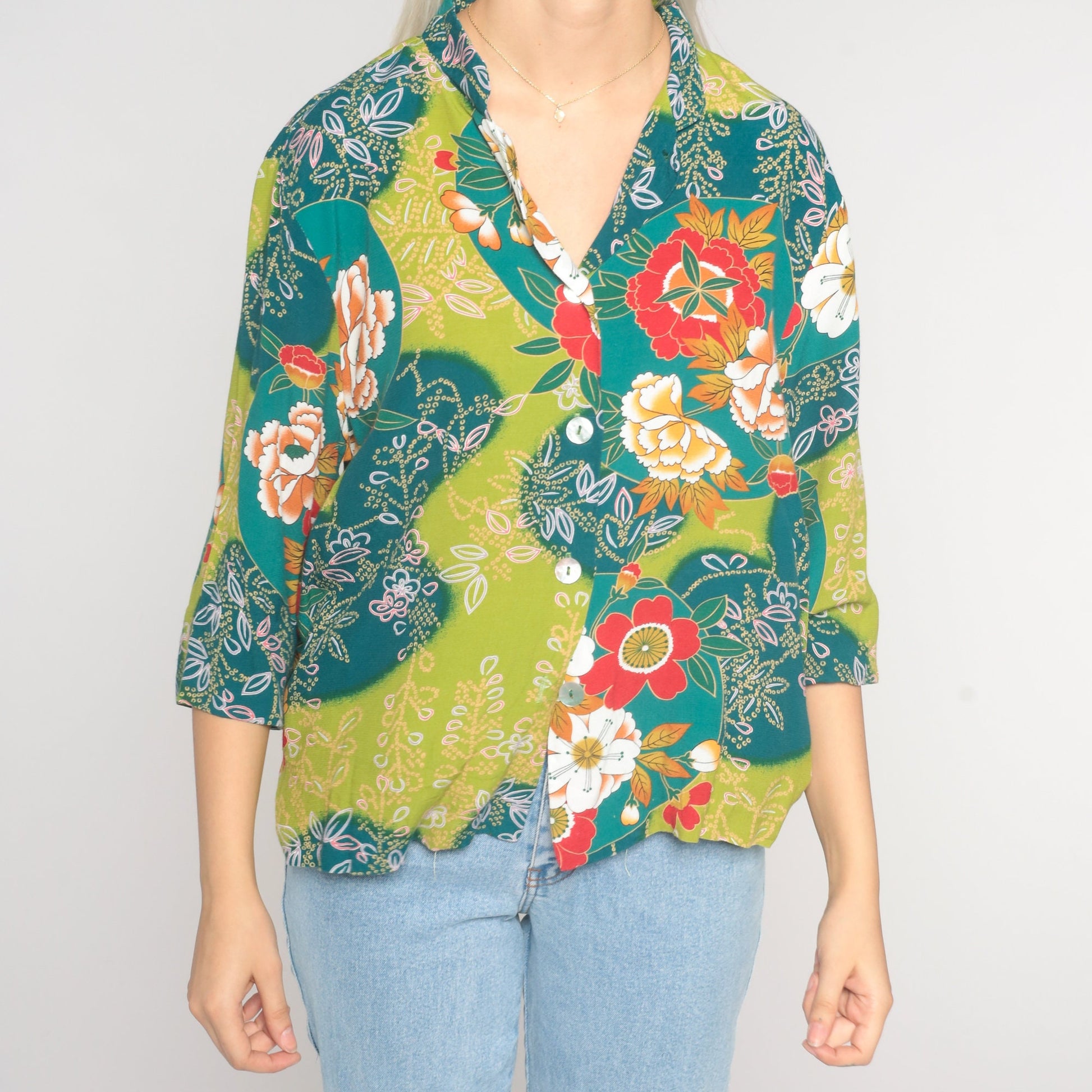 90s Floral Button-Up Blouse Blue Green Rayon 3/4 Sleeve Medium M