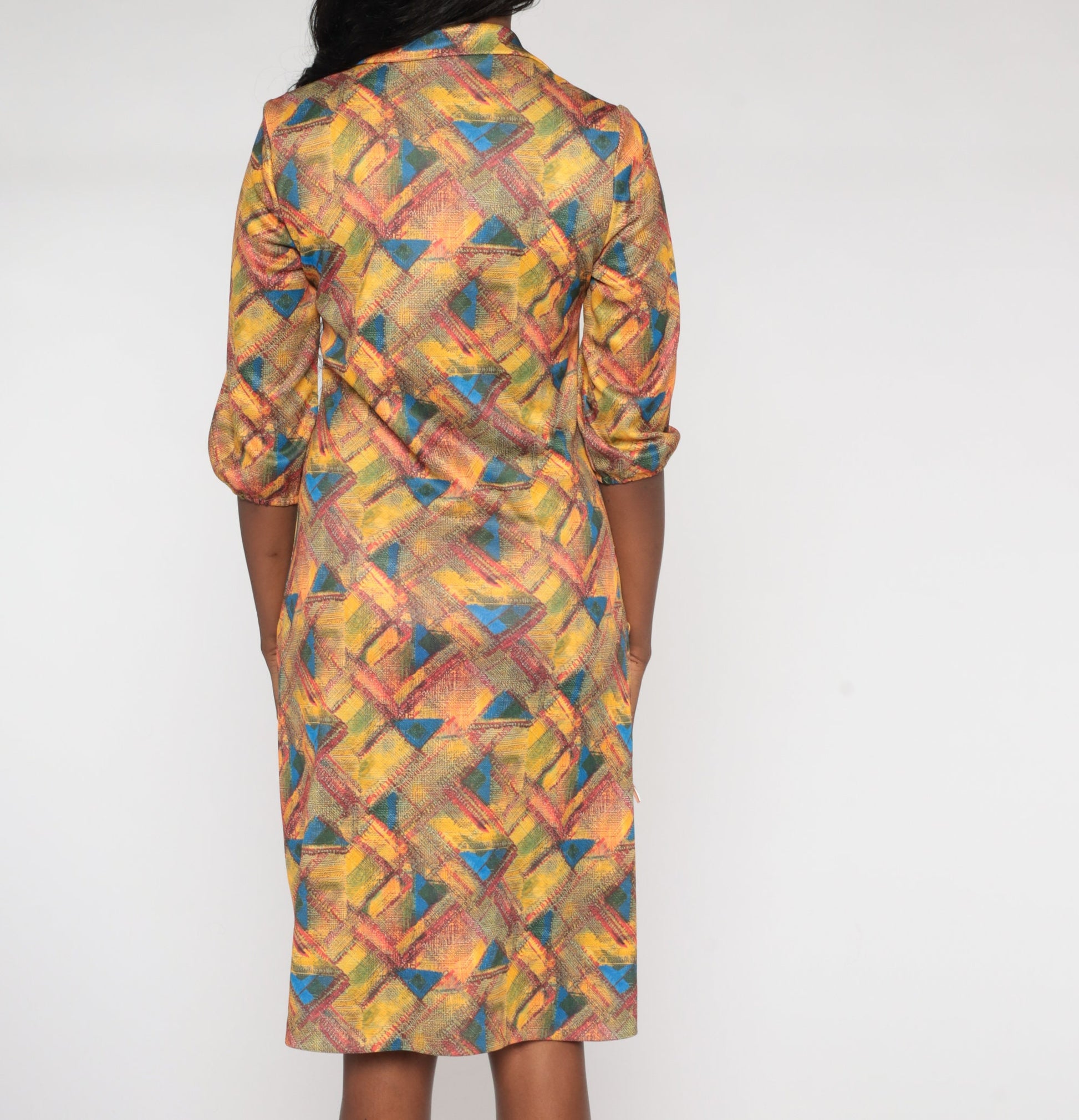 70s Geometric Abstract Print Shift Dress Collared Zip Front Knee Length Yellow Small