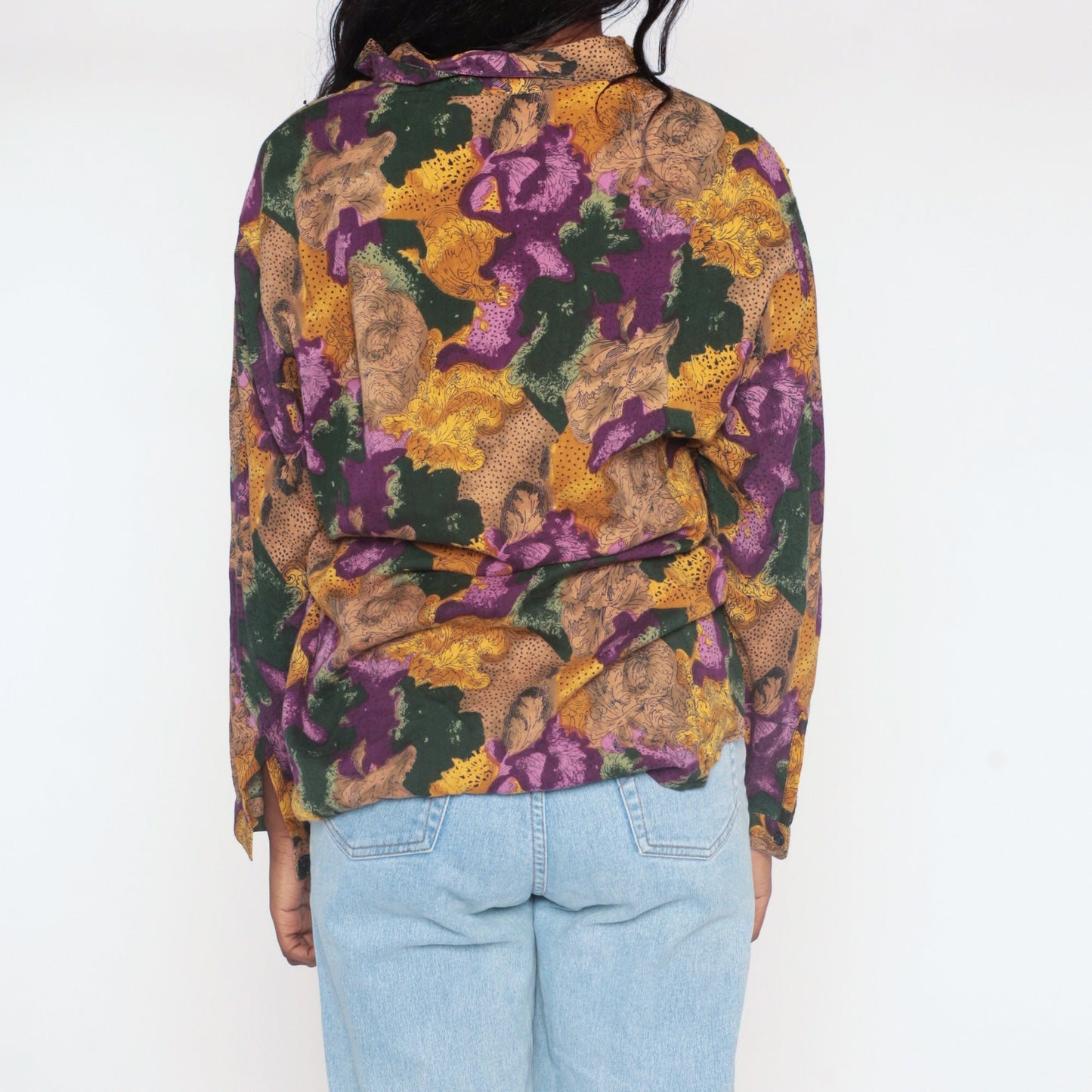 90s Floral Sequin Button Up Blouse Abstract Print Collared Long Sleeve Small
