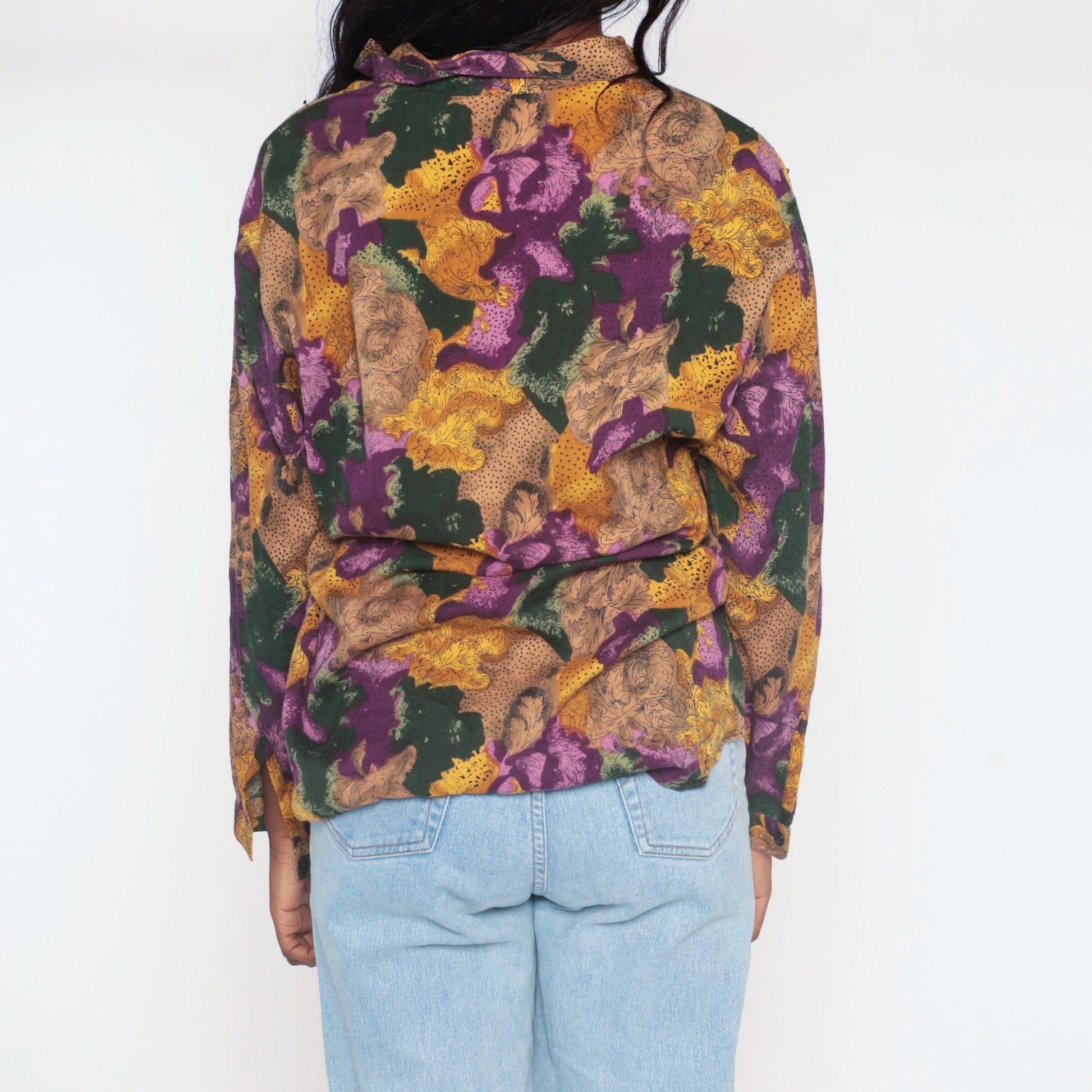 90s Floral Sequin Button Up Blouse Abstract Print Collared Long Sleeve Small