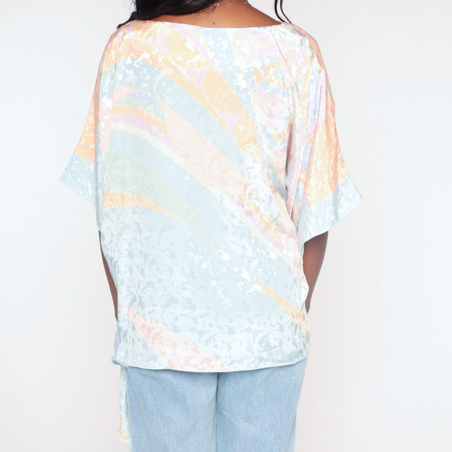 80s Pastel Striped Blouse Blue Orange Embossed Wide Sleeve Side Tie Medium