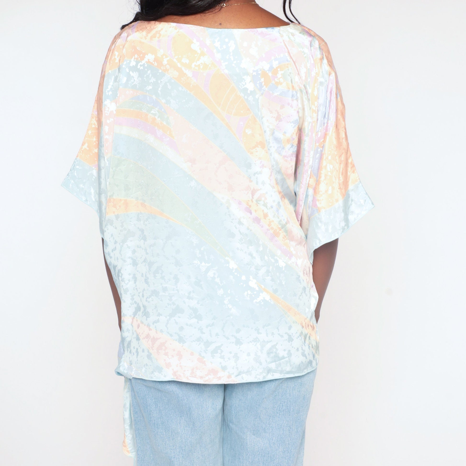 80s Pastel Striped Blouse Blue Orange Embossed Wide Sleeve Side Tie Medium