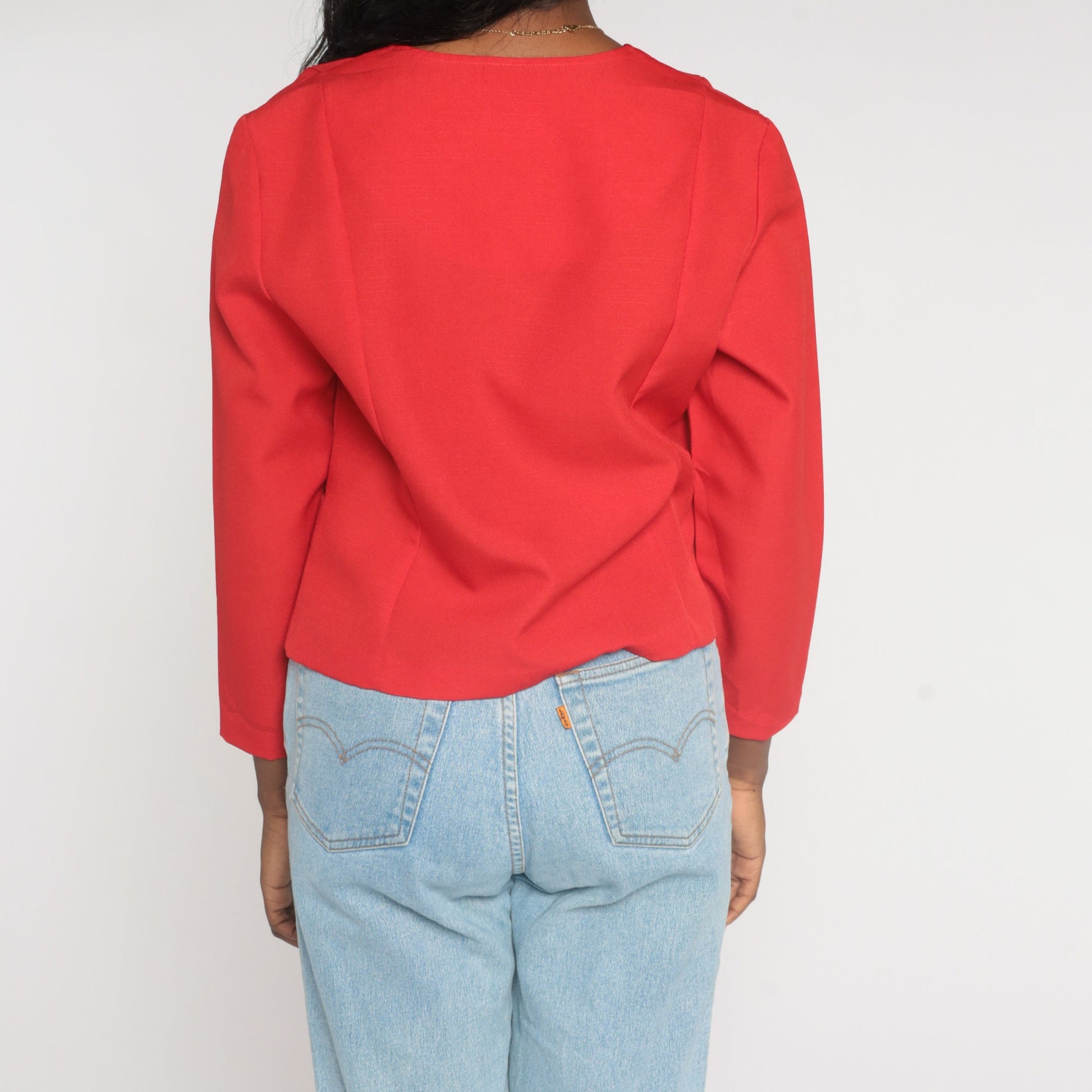 80s Red Cropped Blazer Black Button Open Front Jacket Small