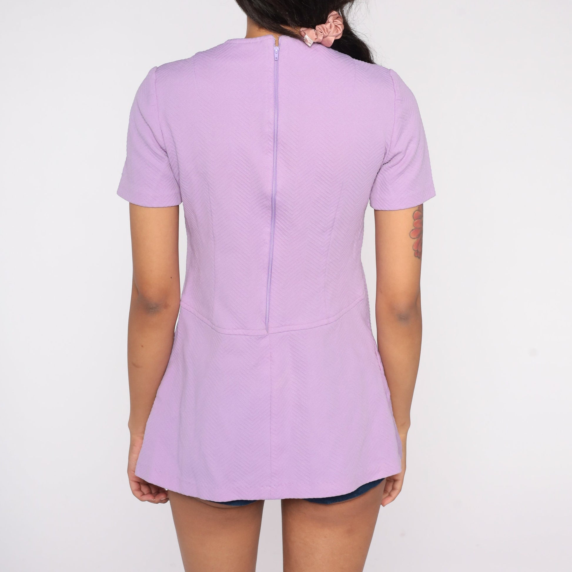 70s Lavender Mod Shirt Short Sleeve Empire Waist Blouse Small S