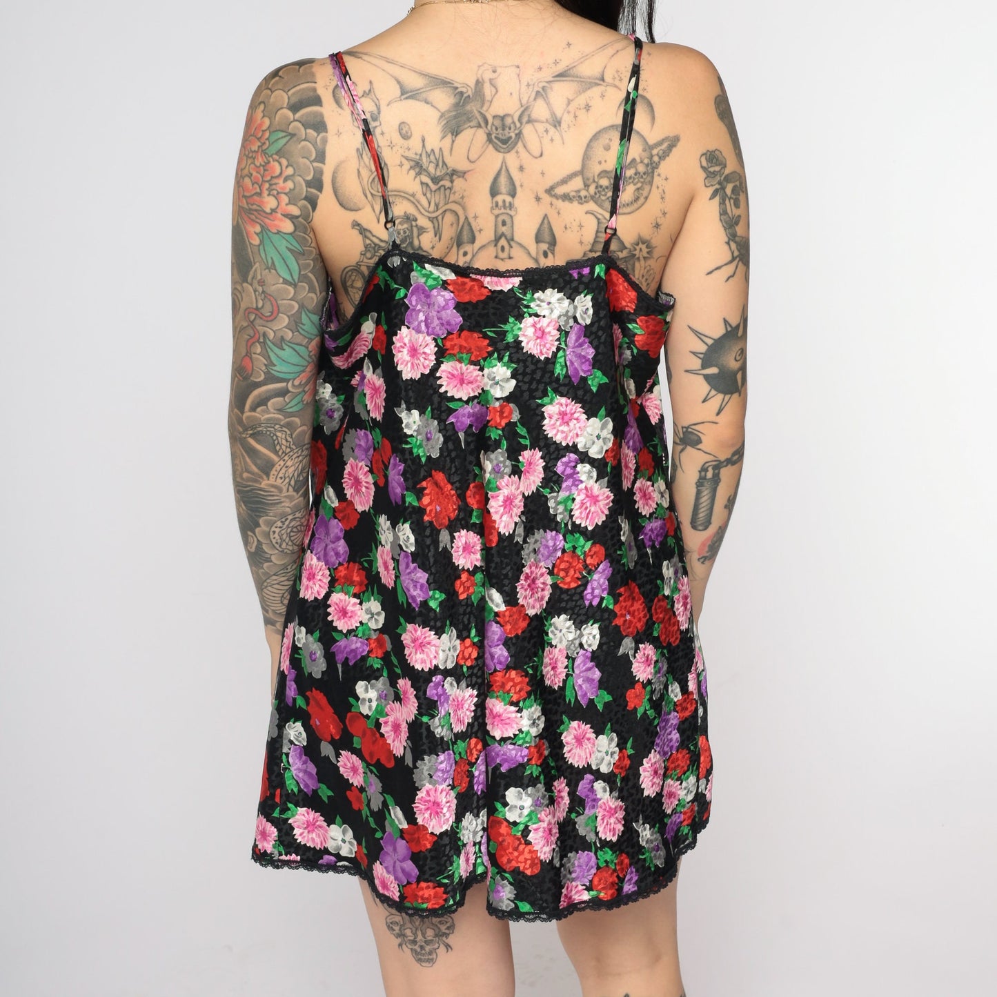 90s Black Floral Embossed Slip Dress Lace Trim Spaghetti Strap Mini Medium