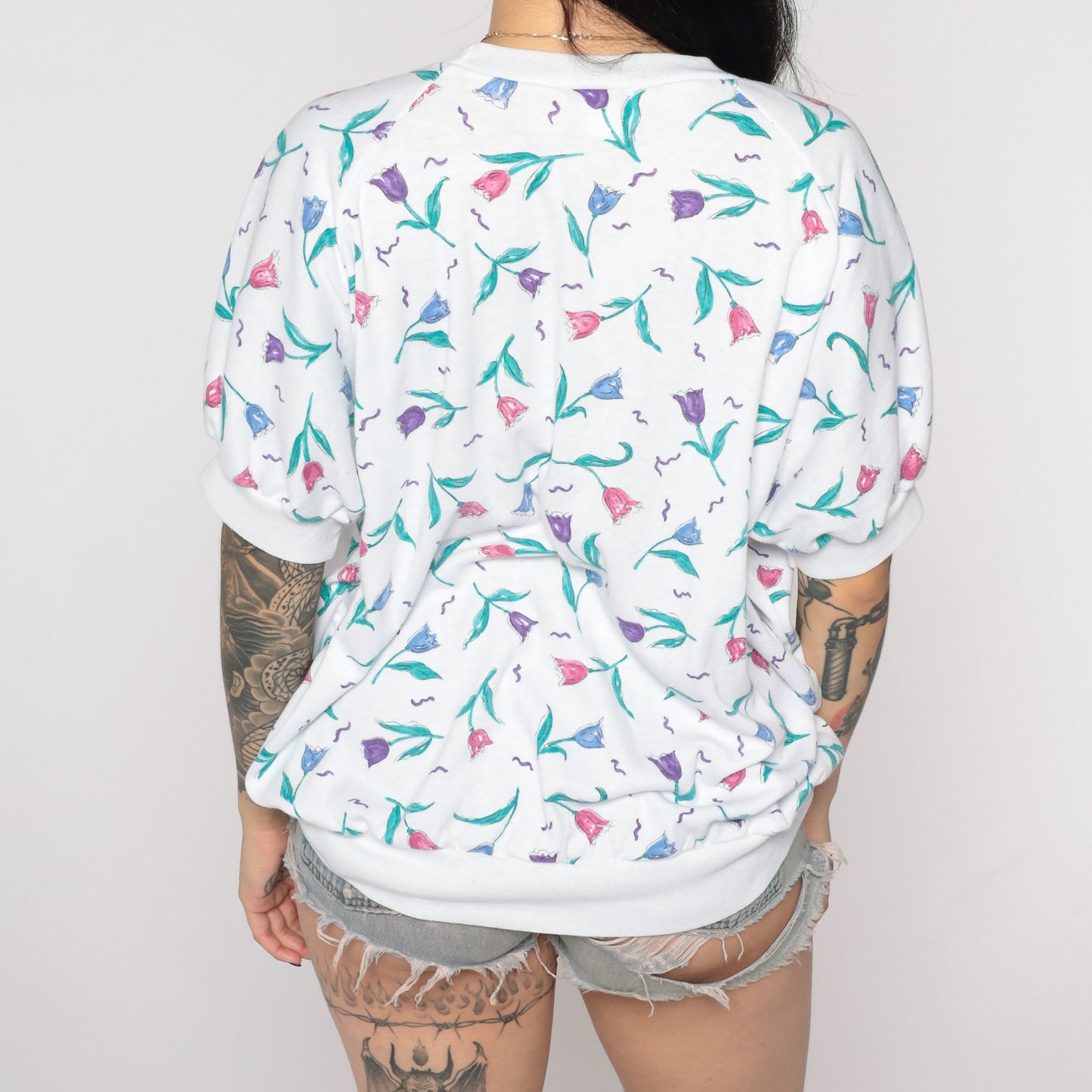 80s White Floral Print Top Banded Hem Short Sleeve Plus Size XXL