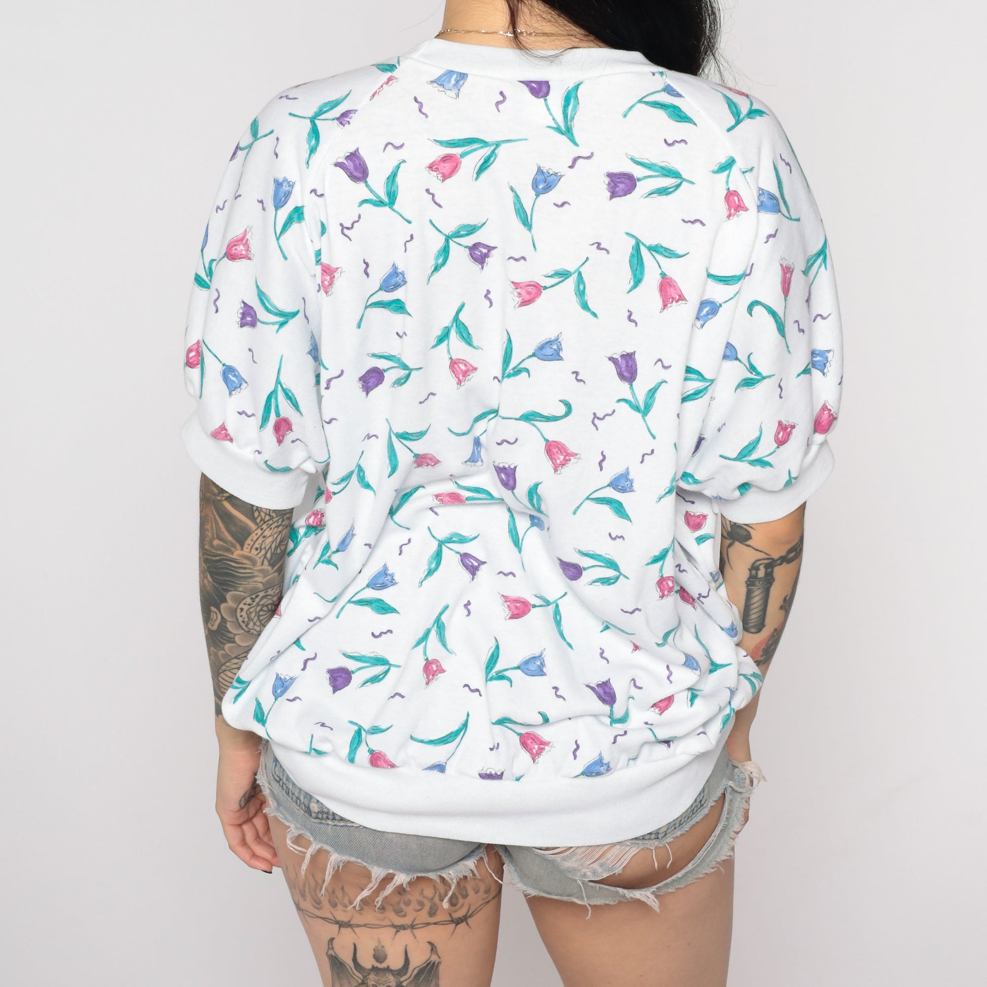 80s White Floral Print Top Banded Hem Short Sleeve Plus Size XXL