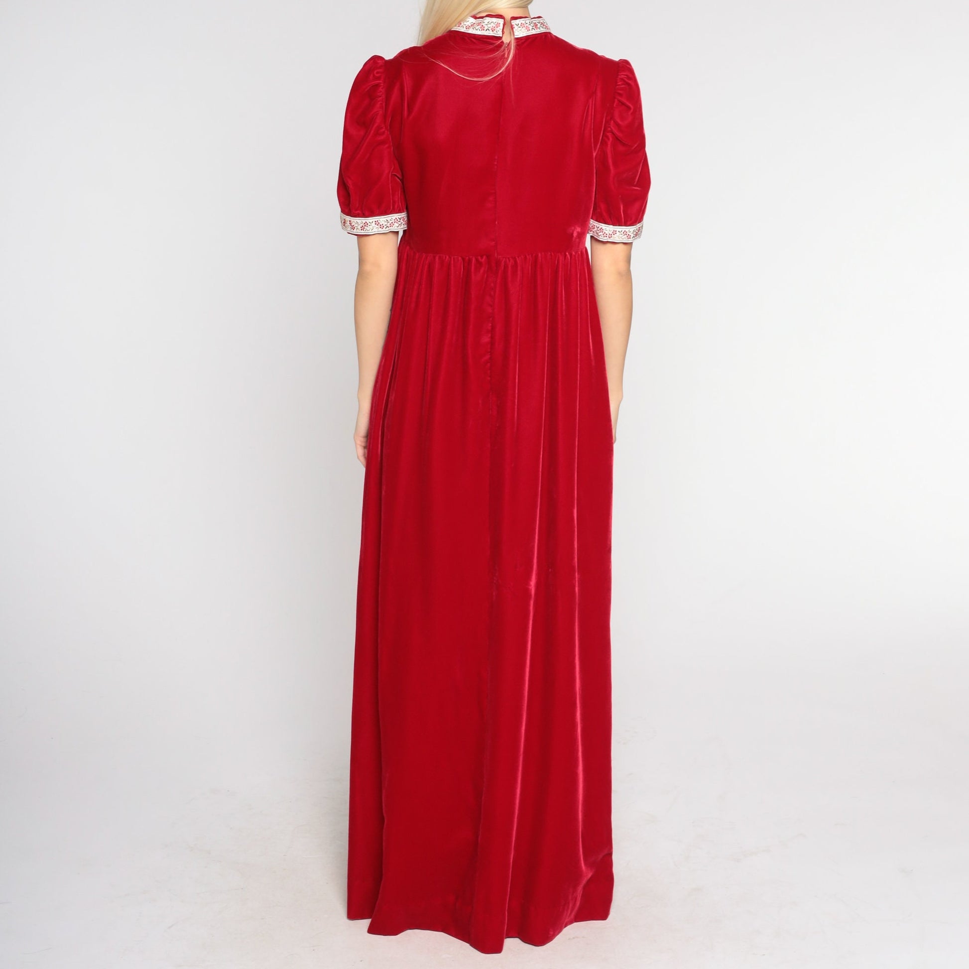 70s Red Velvet Maxi Dress Puff Sleeve High Waist Floral Ribbon Trim Small