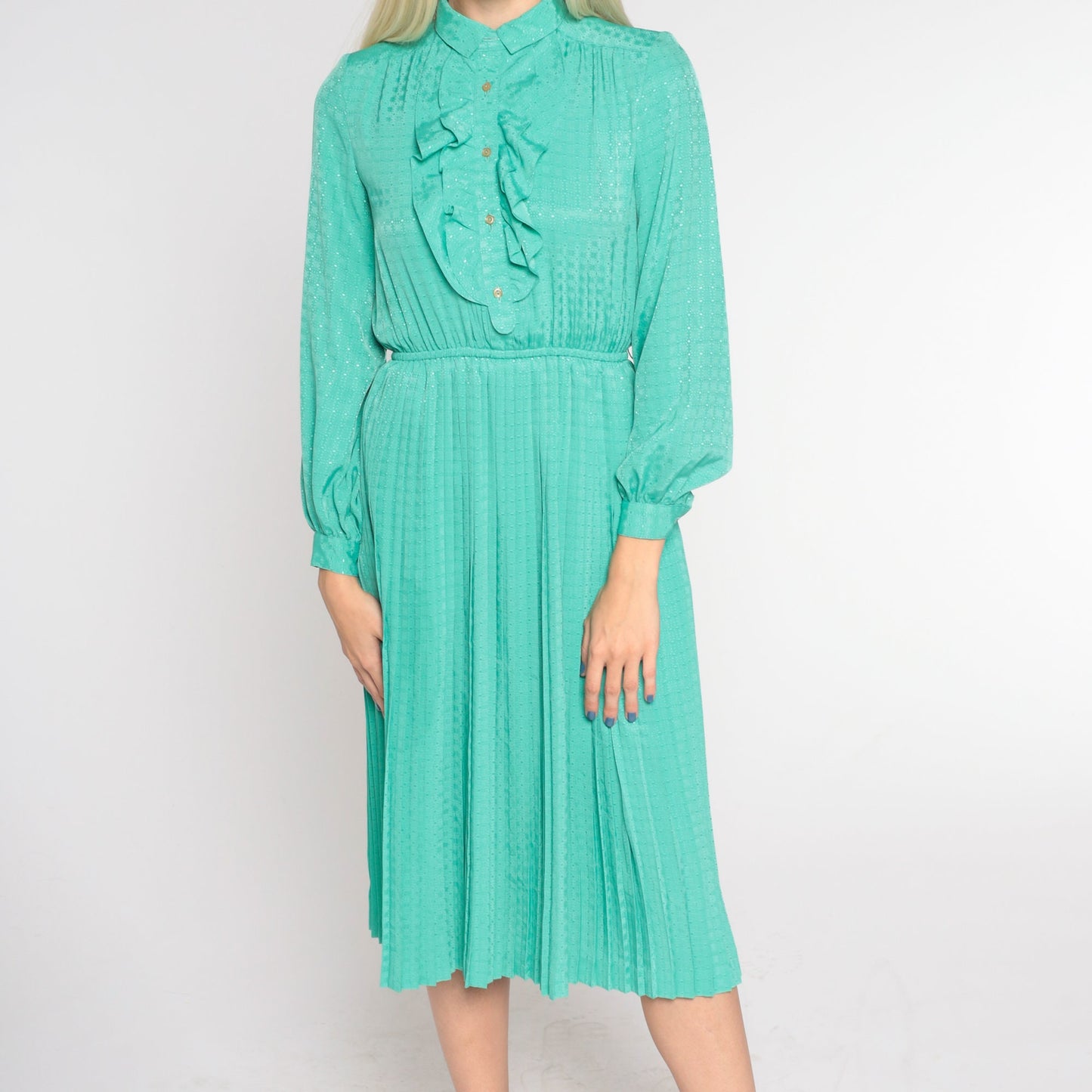 80s Seafoam Green Midi Dress High Waist Pleated Tuxedo Ruffle Small
