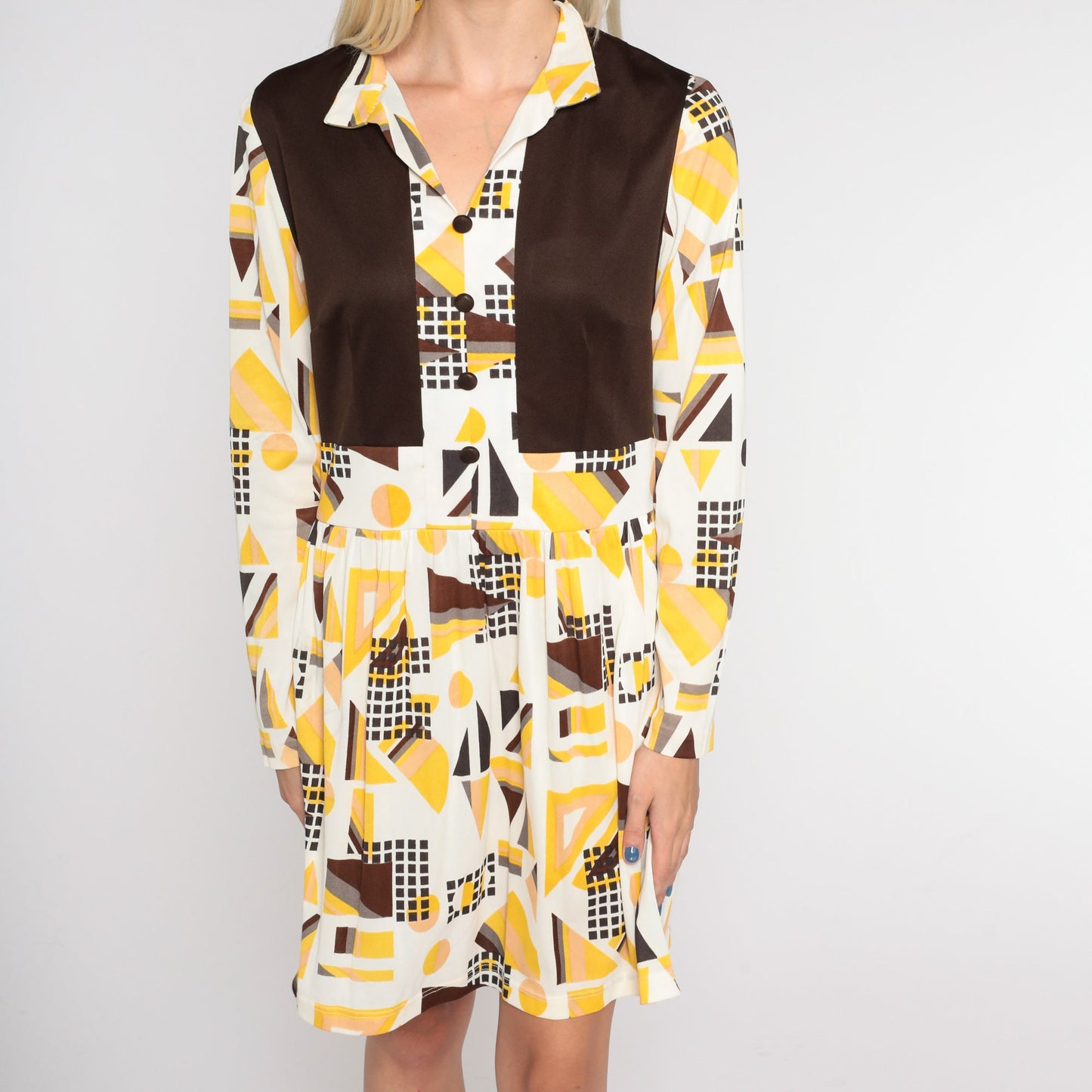 70s Mod Geometric Op Art Mini Dress Collared V-Neck White Brown Medium