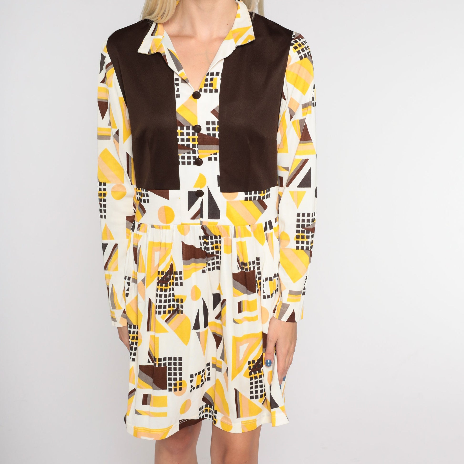 70s Mod Geometric Op Art Mini Dress Collared V-Neck White Brown Medium