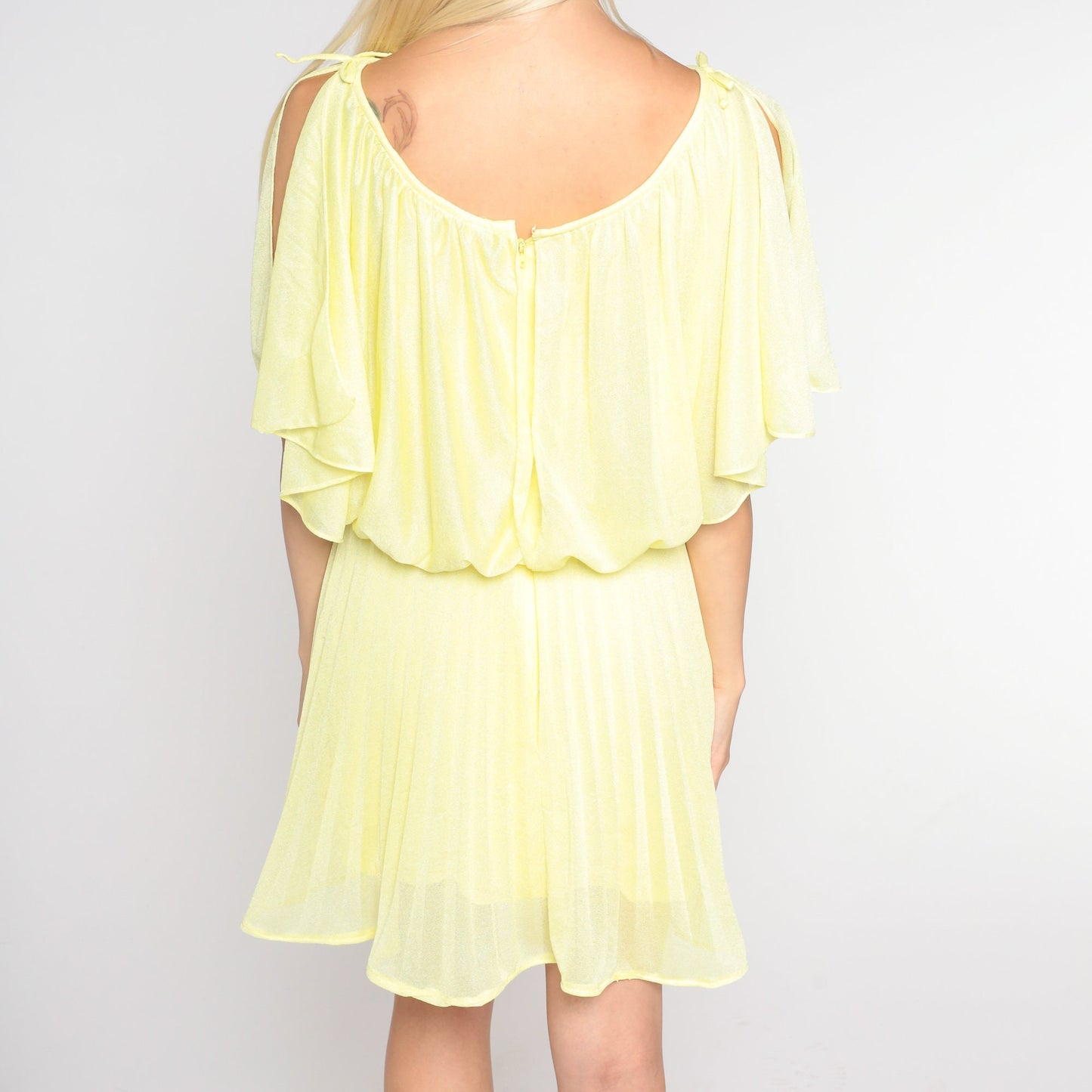 70s Yellow Mini Dress Pleated High Waist Draped Slit Sleeve Small Medium