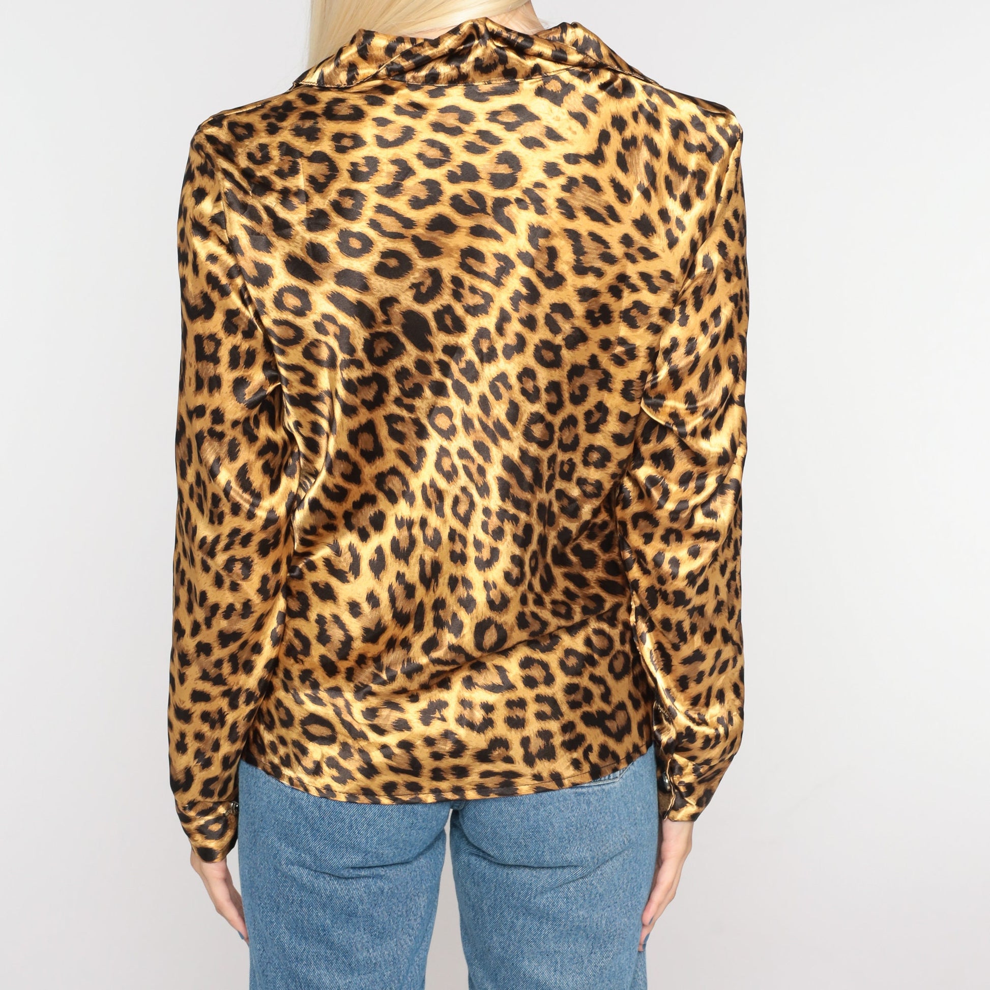 90s Leopard Print Blouse Pointed Collar Long Sleeve Small