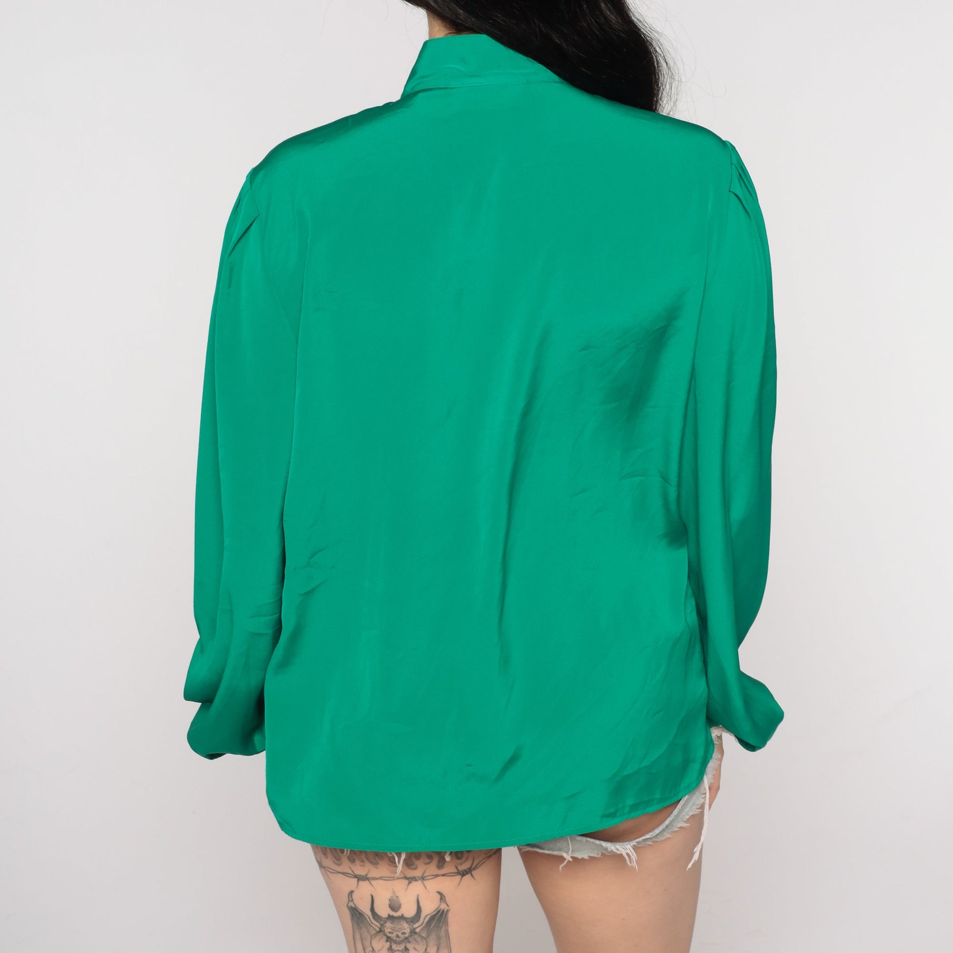 80s Green Pleated Blouse Puff Sleeve Collared Button-Up Medium