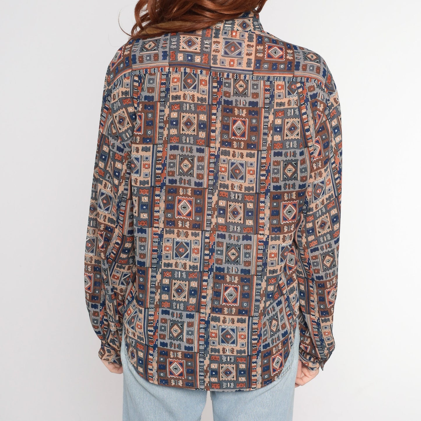 80s Geometric Print Button Up Blouse Mandarin Collar Balloon Sleeve Medium