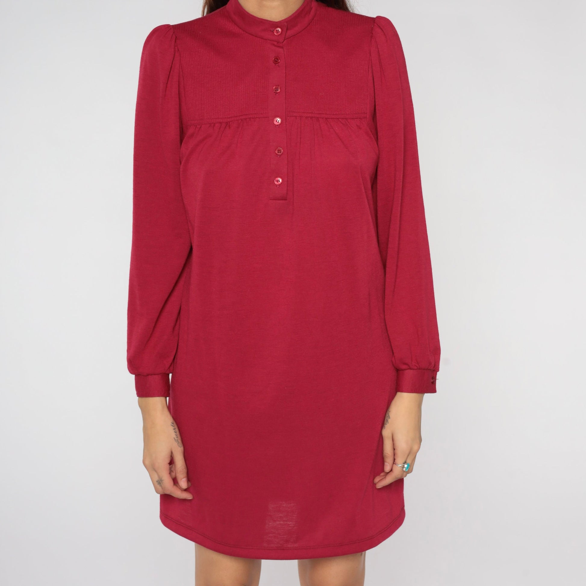 70s Leslie Fay Berry Red Mini Dress Puff Sleeve Button Bib Medium