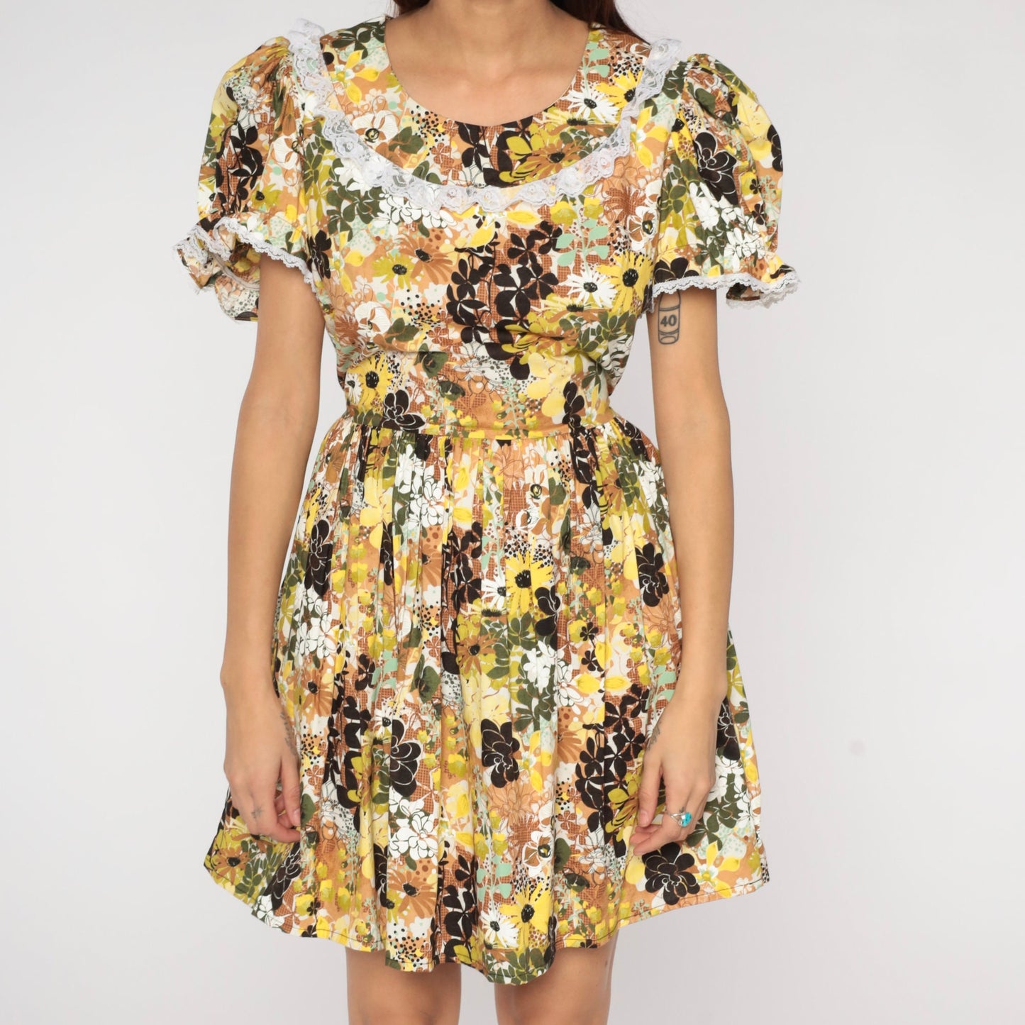 00s Floral Mini Dress Puff Sleeve High Waist Pleated Skirt Medium