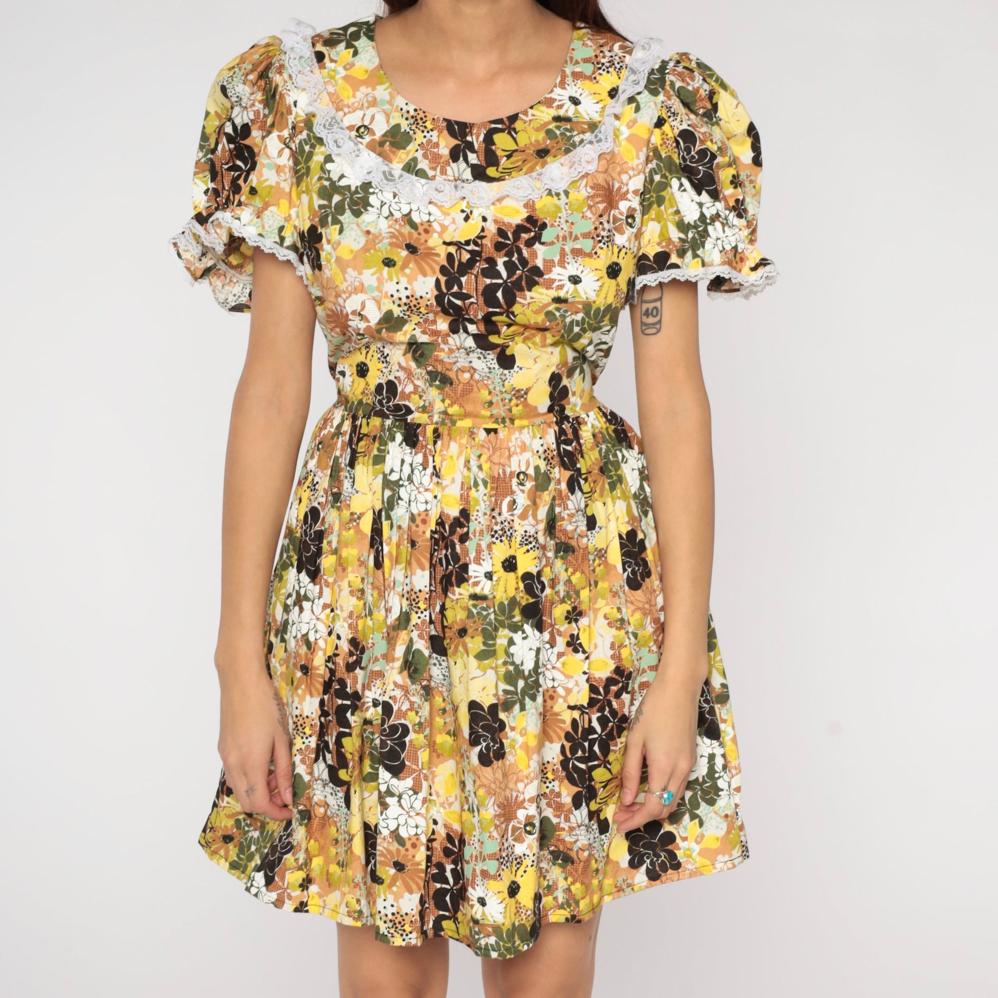 00s Floral Mini Dress Puff Sleeve High Waist Pleated Skirt Medium